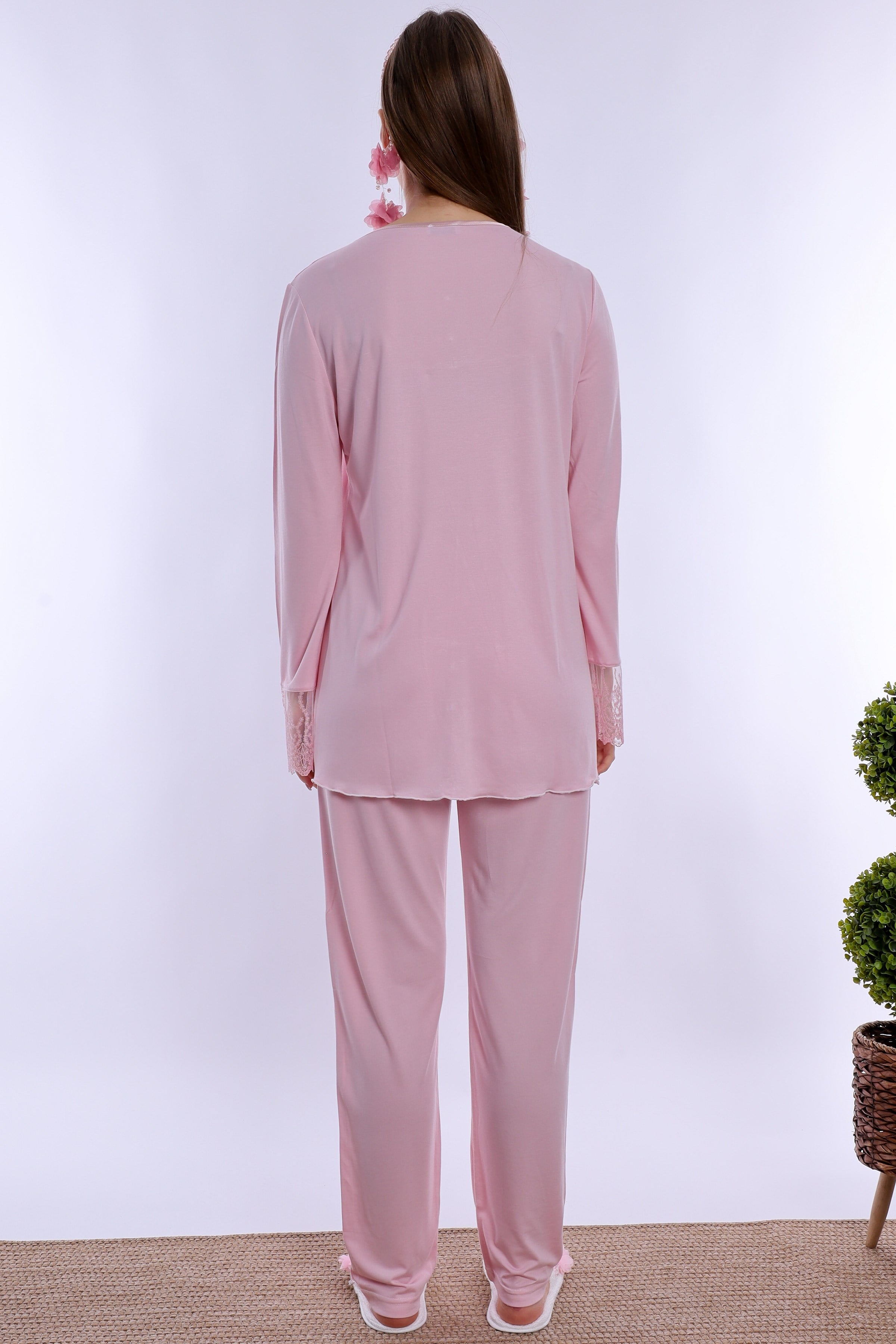 2T70442 Tesettürlü Pamuklu Hamile Lohusa Pijama ve Sabahlık Takımı  - Pembe