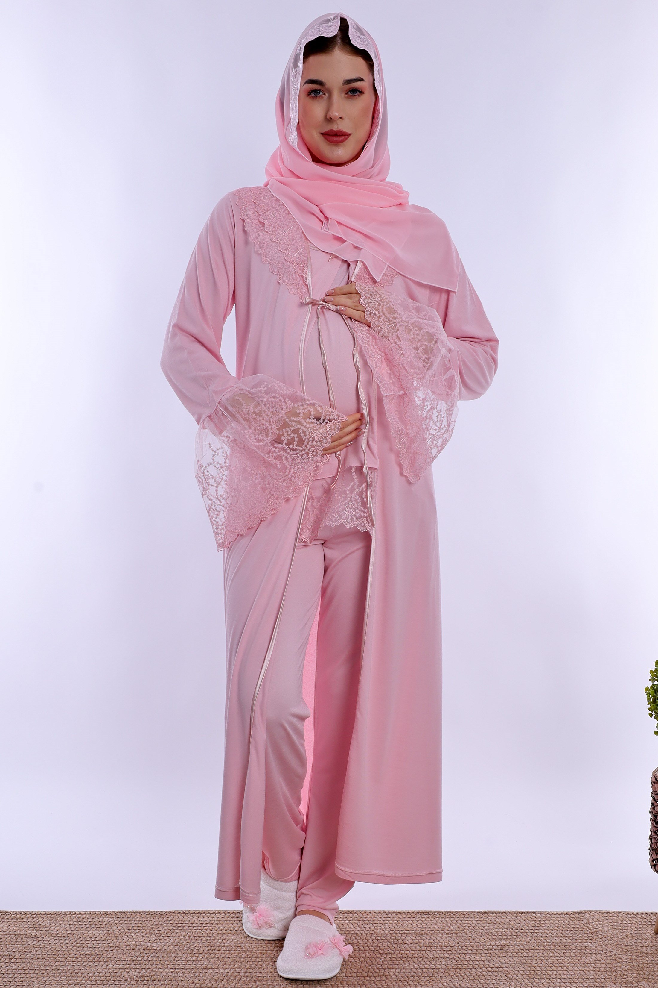 2T70442 Tesettürlü Pamuklu Hamile Lohusa Pijama ve Sabahlık Takımı  - Pembe