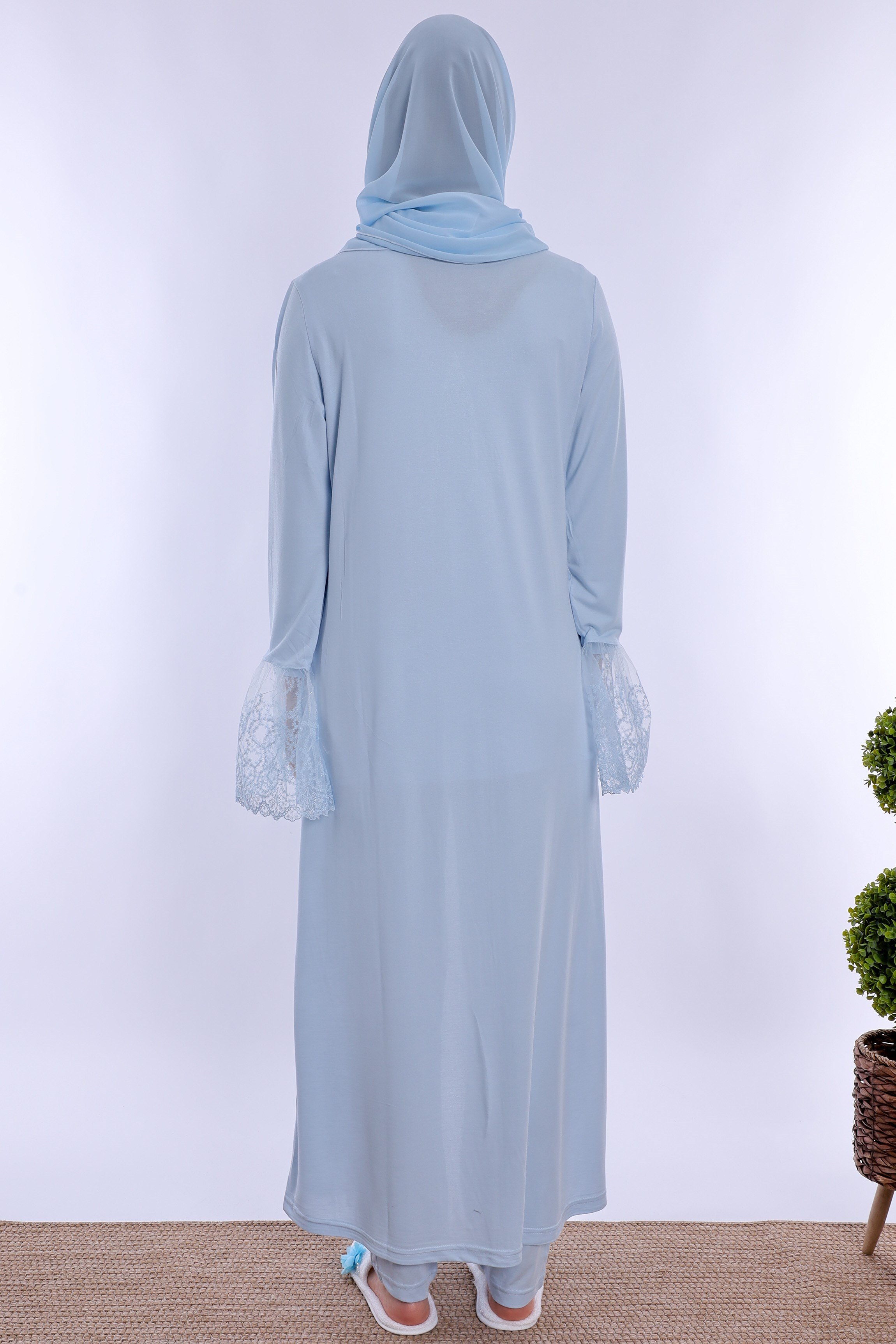 2T70442 Tesettürlü Pamuklu Hamile Lohusa Pijama ve Sabahlık Takımı  - Mavi