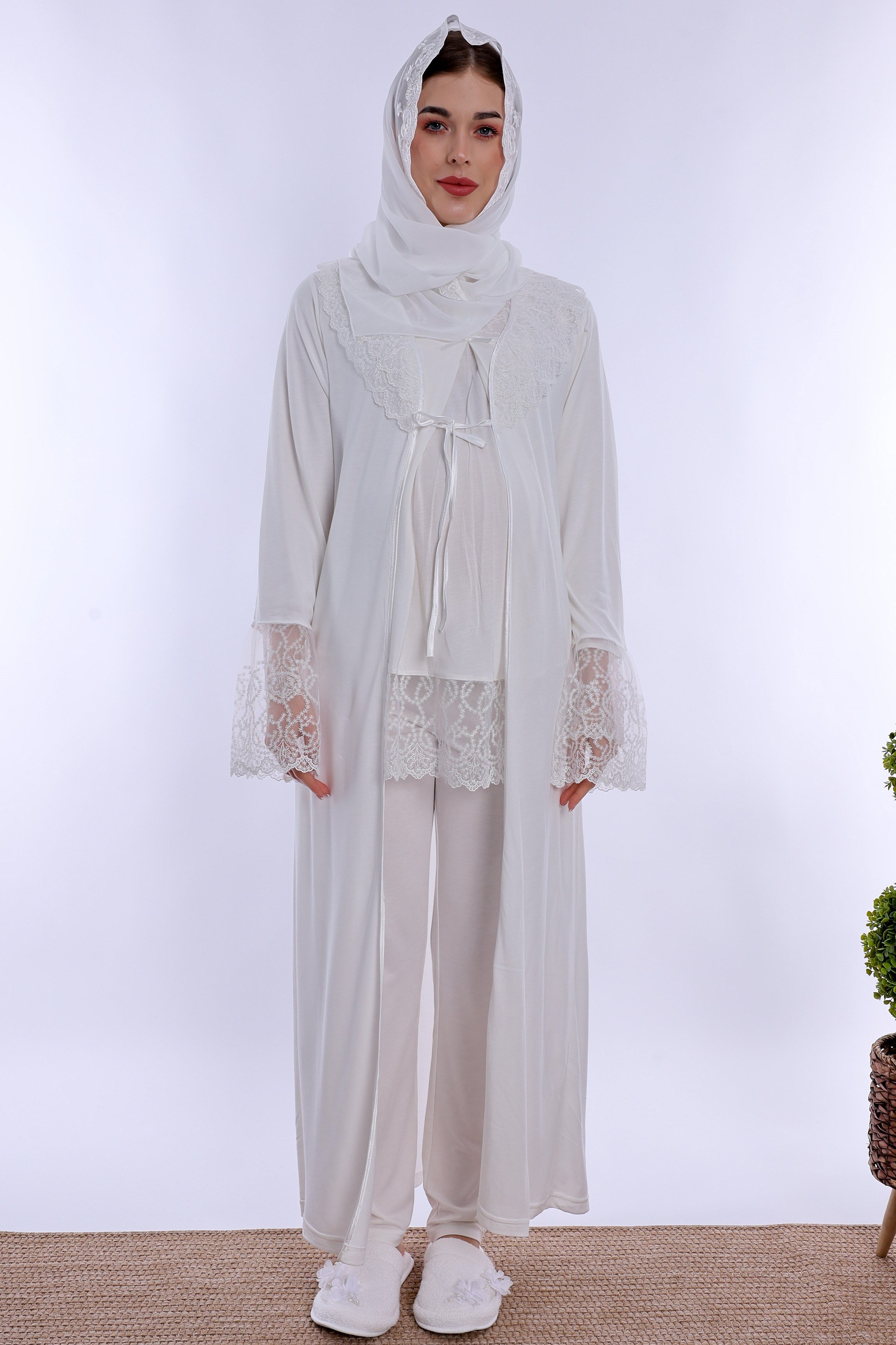 2T70442 Tesettürlü Pamuklu Hamile Lohusa Pijama ve Sabahlık Takımı  - Ekru