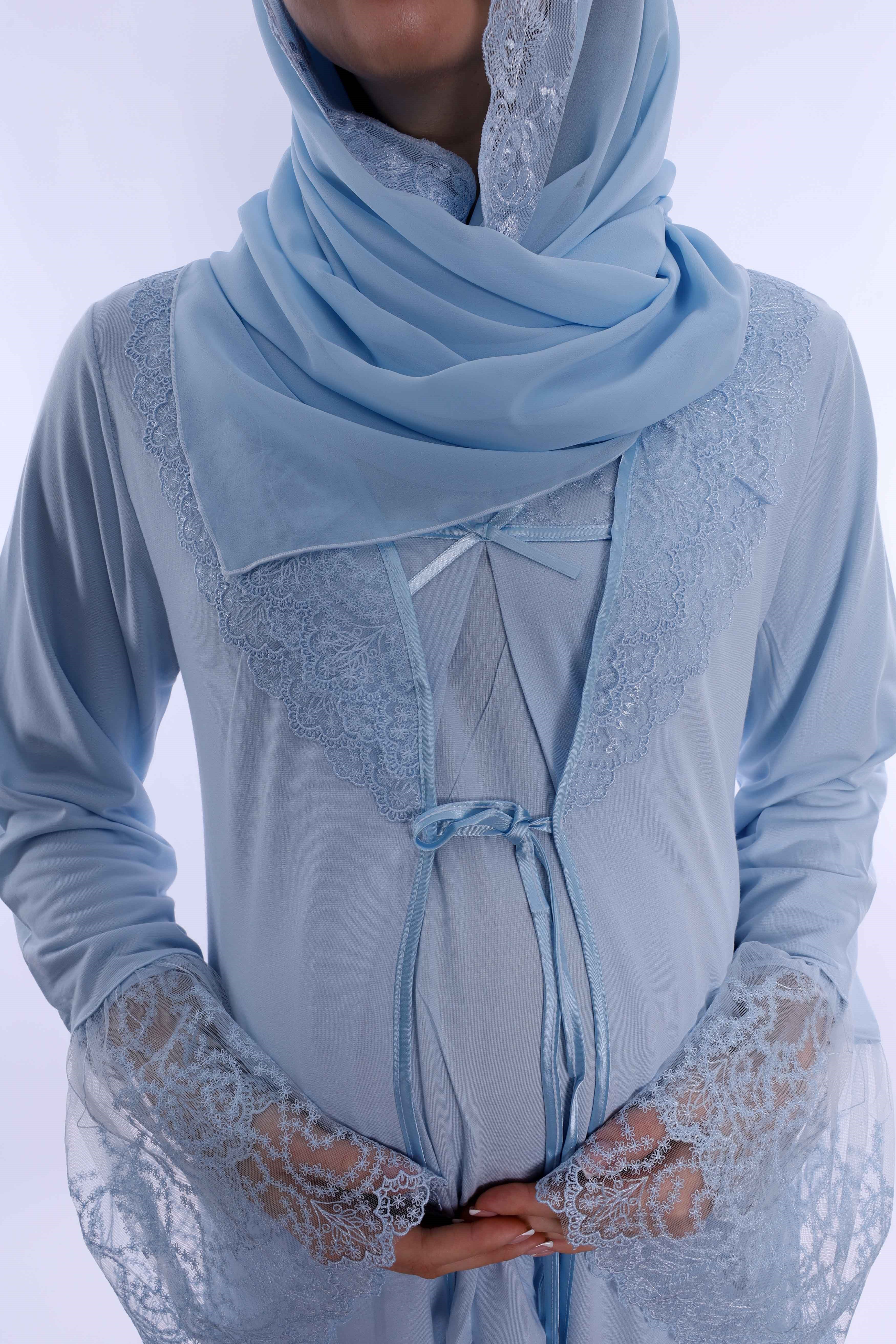 2T70442 Tesettürlü Pamuklu Hamile Lohusa Pijama ve Sabahlık Takımı  - Mavi