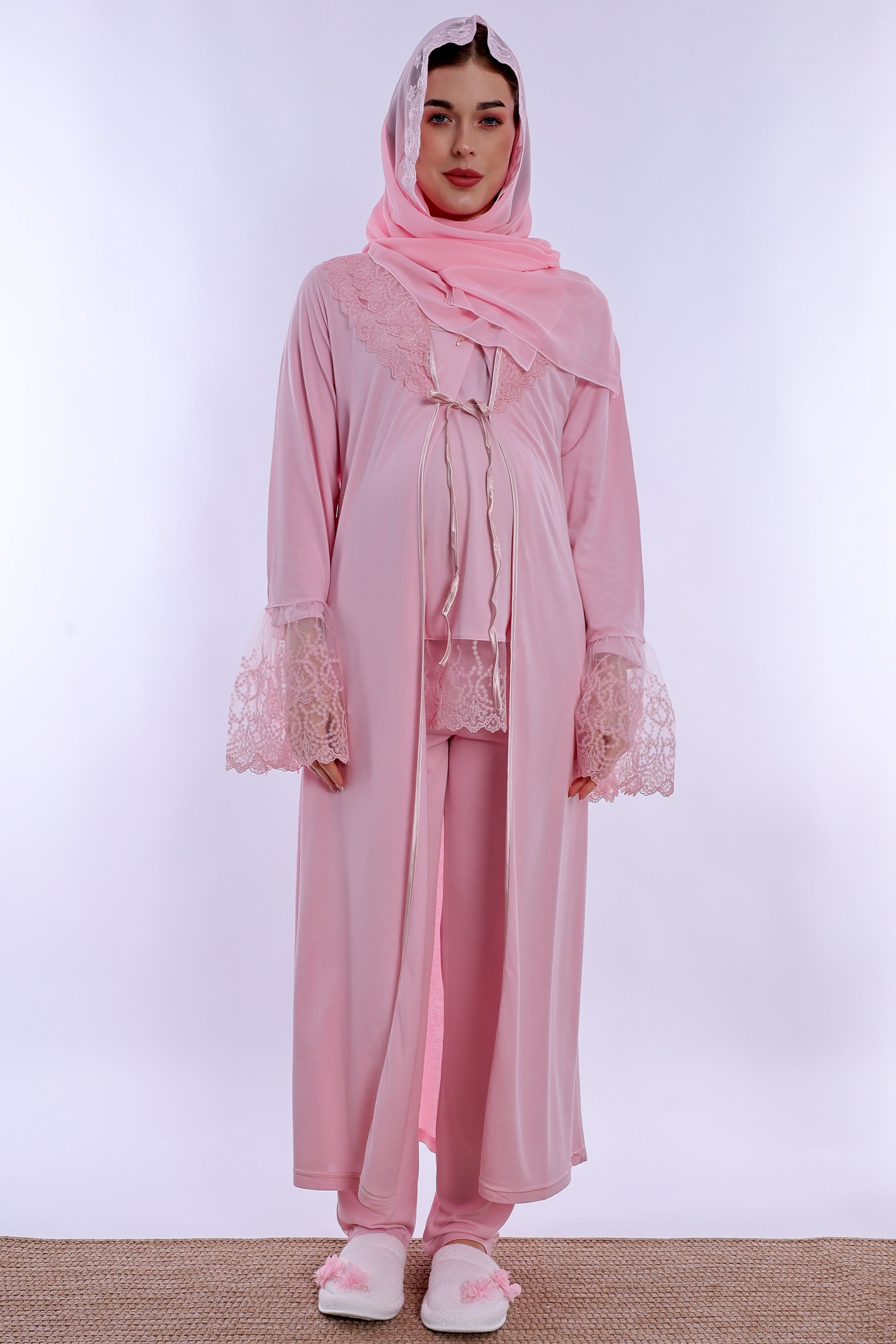2T70442 Tesettürlü Pamuklu Hamile Lohusa Pijama ve Sabahlık Takımı  - Pembe