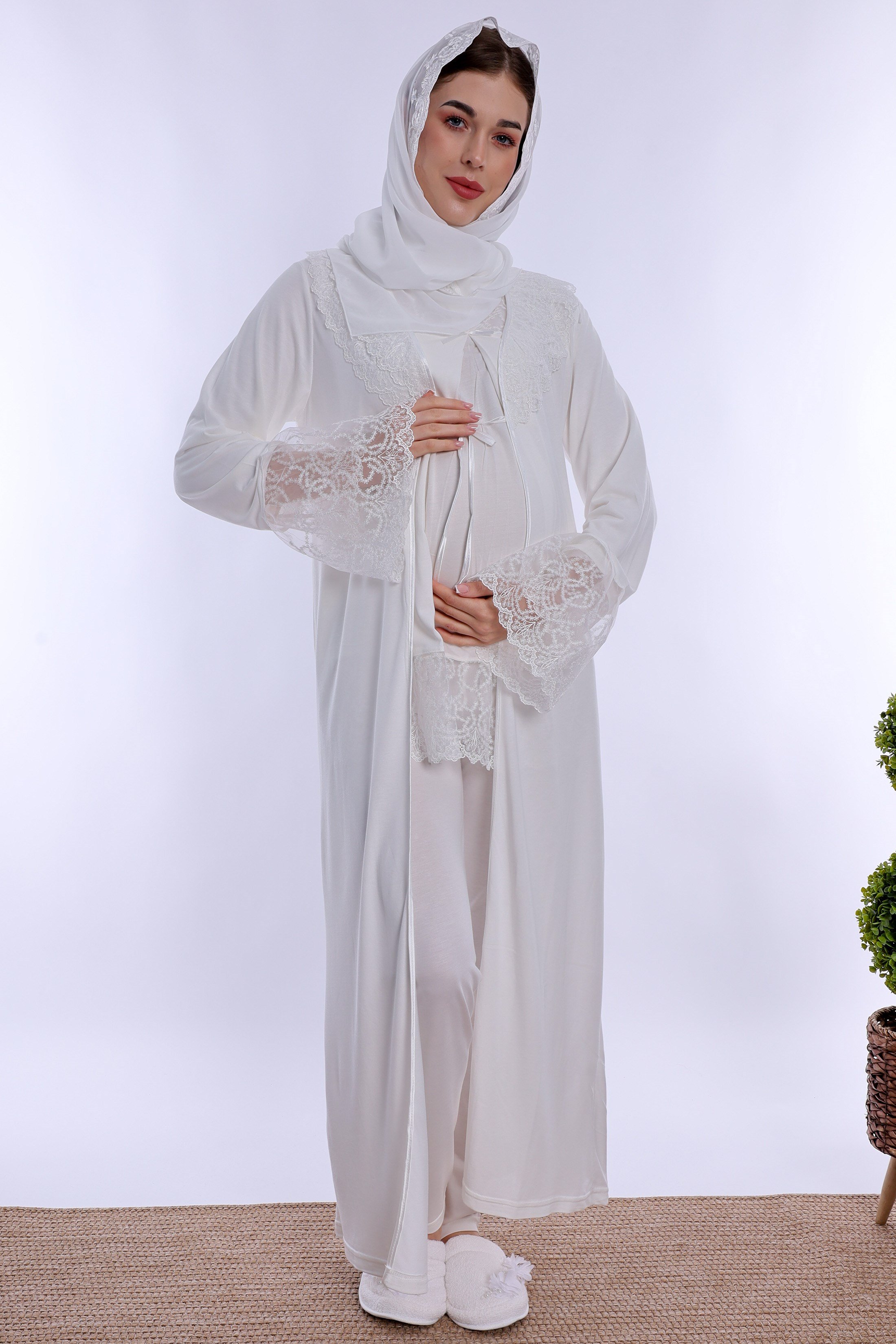 2T70442 Tesettürlü Pamuklu Hamile Lohusa Pijama ve Sabahlık Takımı  - Ekru