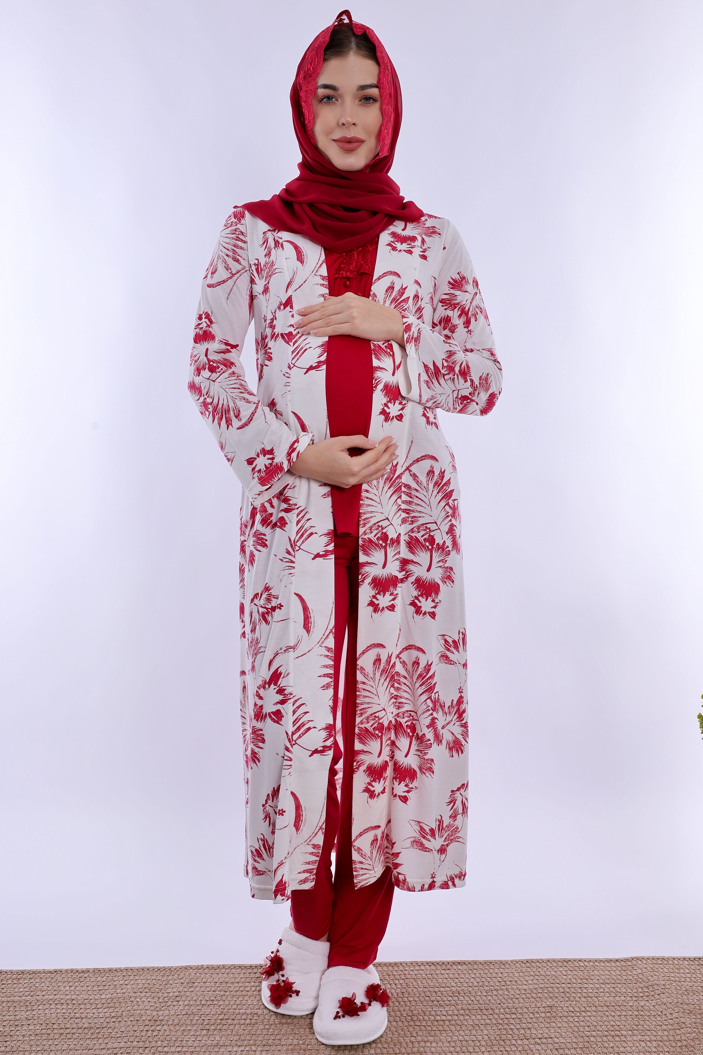 2T80942 Tesettürlü Rahat Kalıp Sabahlıklı Hamile Lohusa Pijama Takımı - Vişne