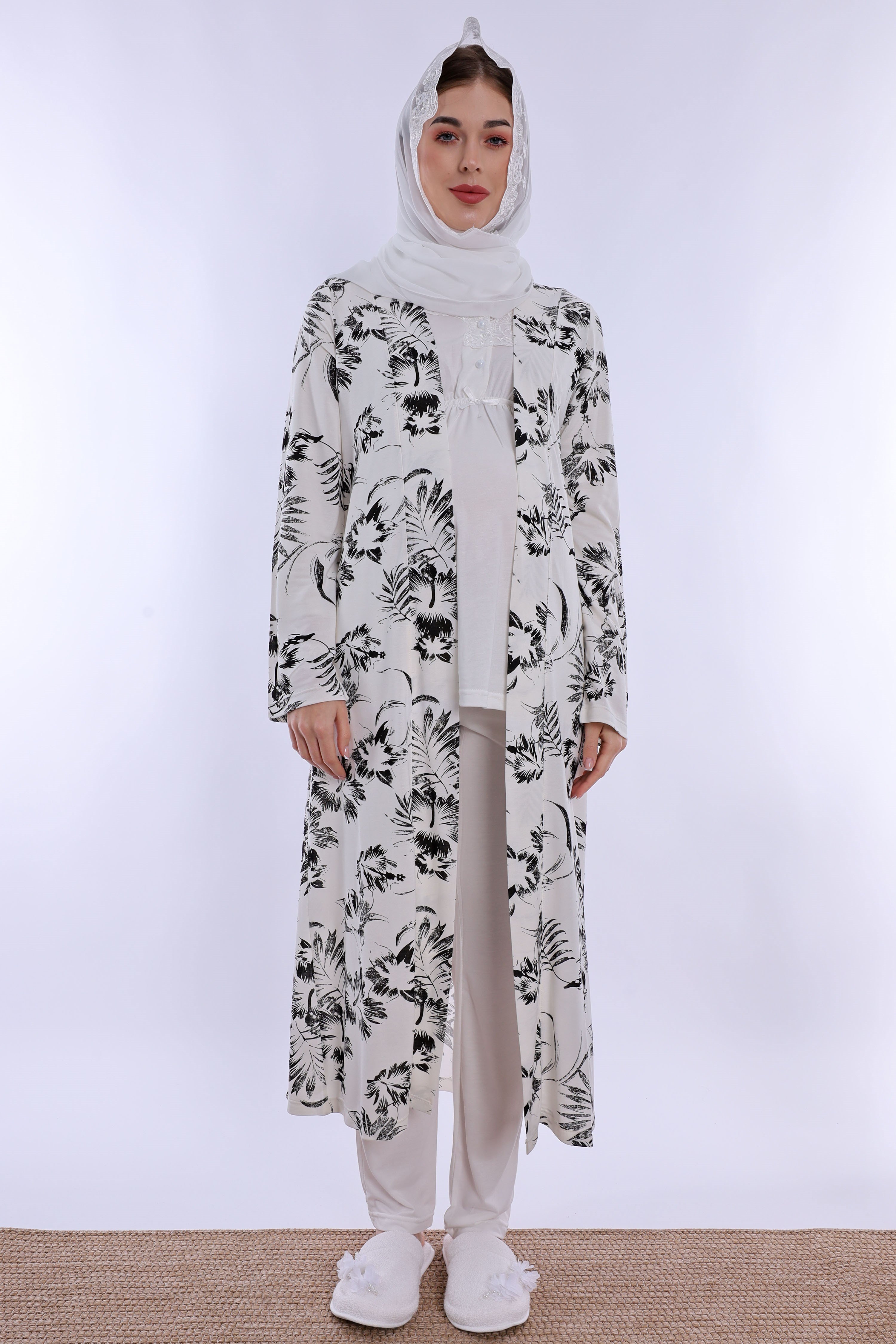 2T80942 Tesettürlü Rahat Kalıp Sabahlıklı Hamile Lohusa Pijama Takımı - Ekru