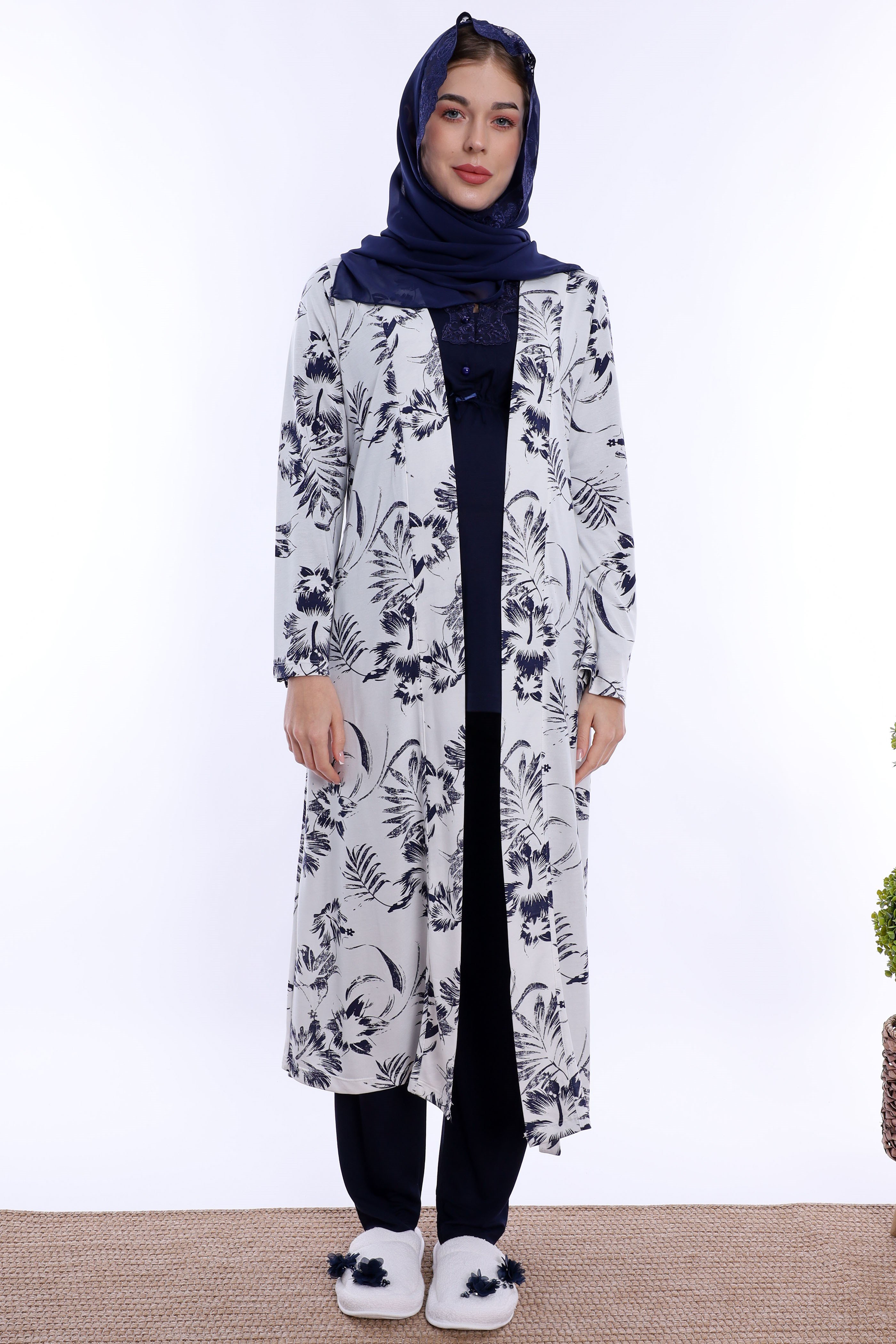 2T80942 Tesettürlü Rahat Kalıp Sabahlıklı Hamile Lohusa Pijama Takımı - Lacivert