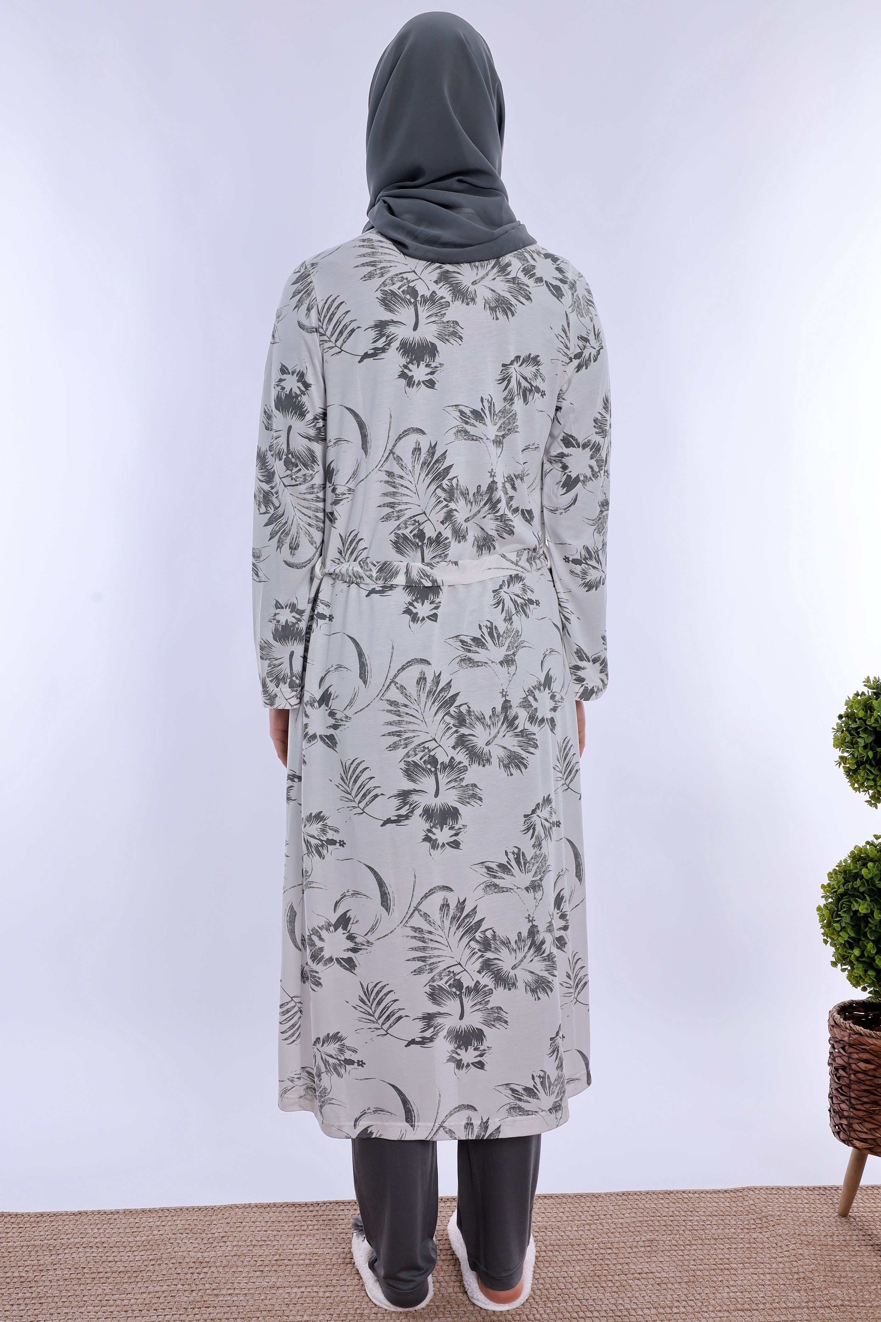 2T80942 Tesettürlü Rahat Kalıp Sabahlıklı Hamile Lohusa Pijama Takımı - Füme