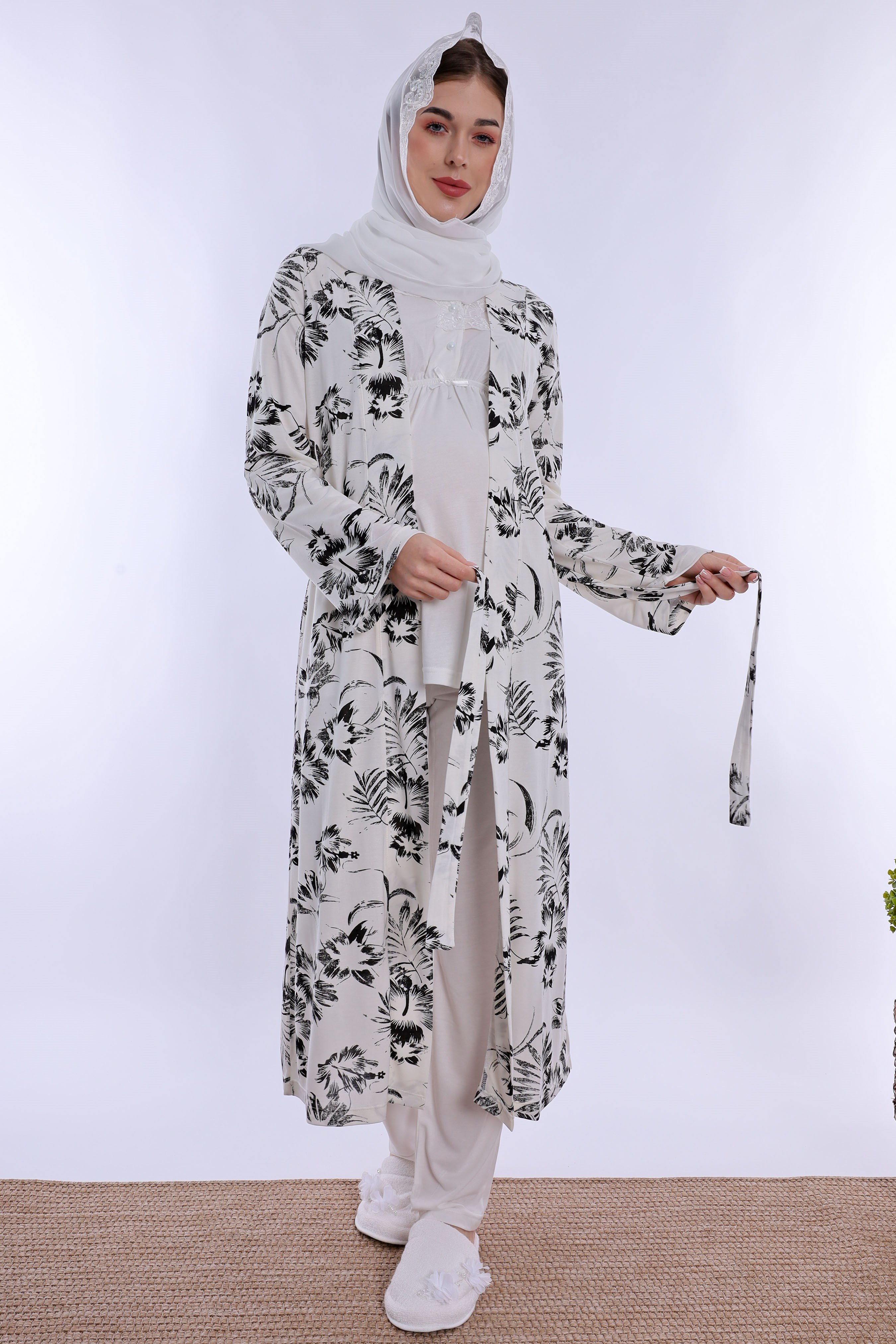 2T80942 Tesettürlü Rahat Kalıp Sabahlıklı Hamile Lohusa Pijama Takımı - Ekru