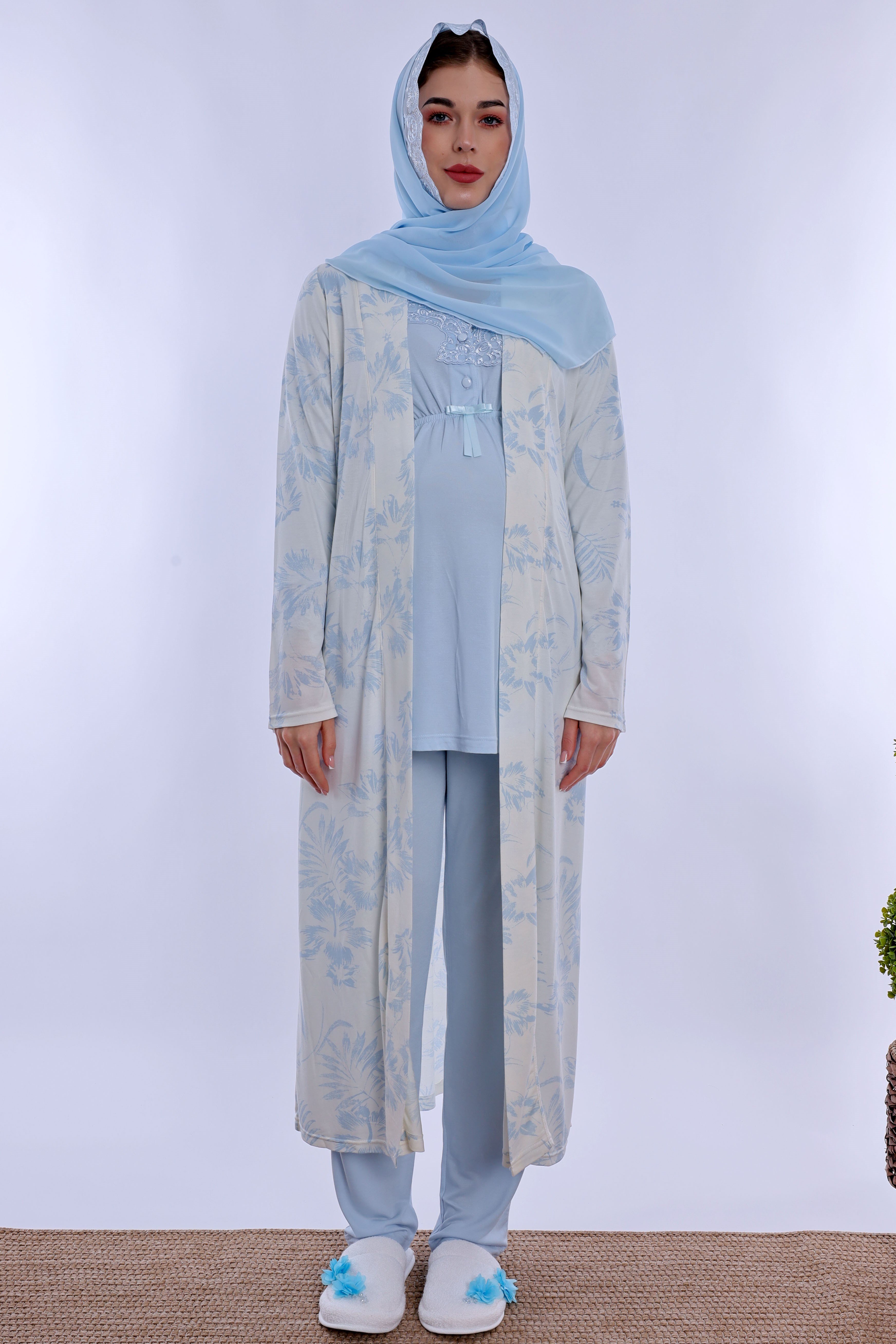 2T80942 Tesettürlü Rahat Kalıp Sabahlıklı Hamile Lohusa Pijama Takımı - Mavi