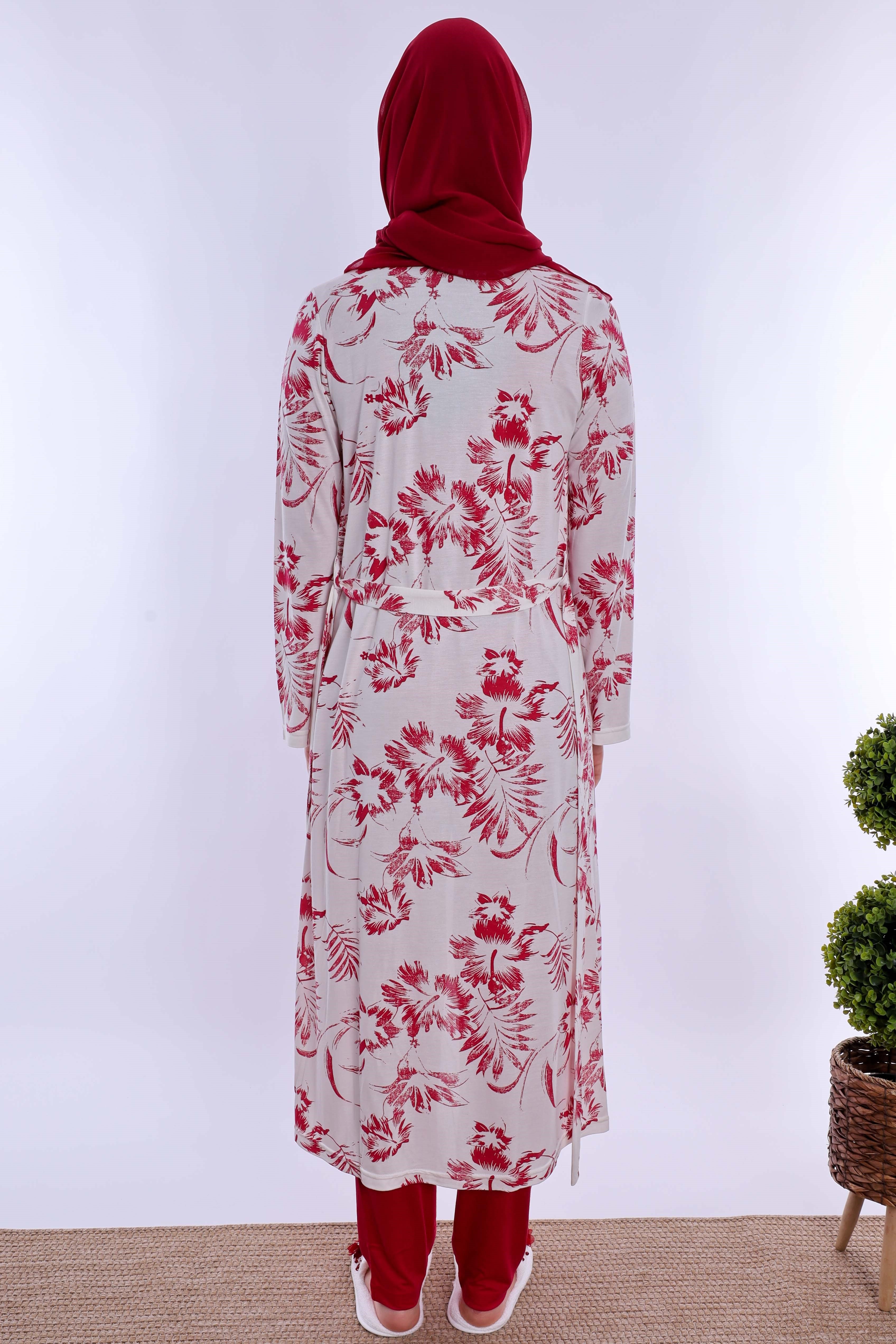 2T80942 Tesettürlü Rahat Kalıp Sabahlıklı Hamile Lohusa Pijama Takımı - Vişne