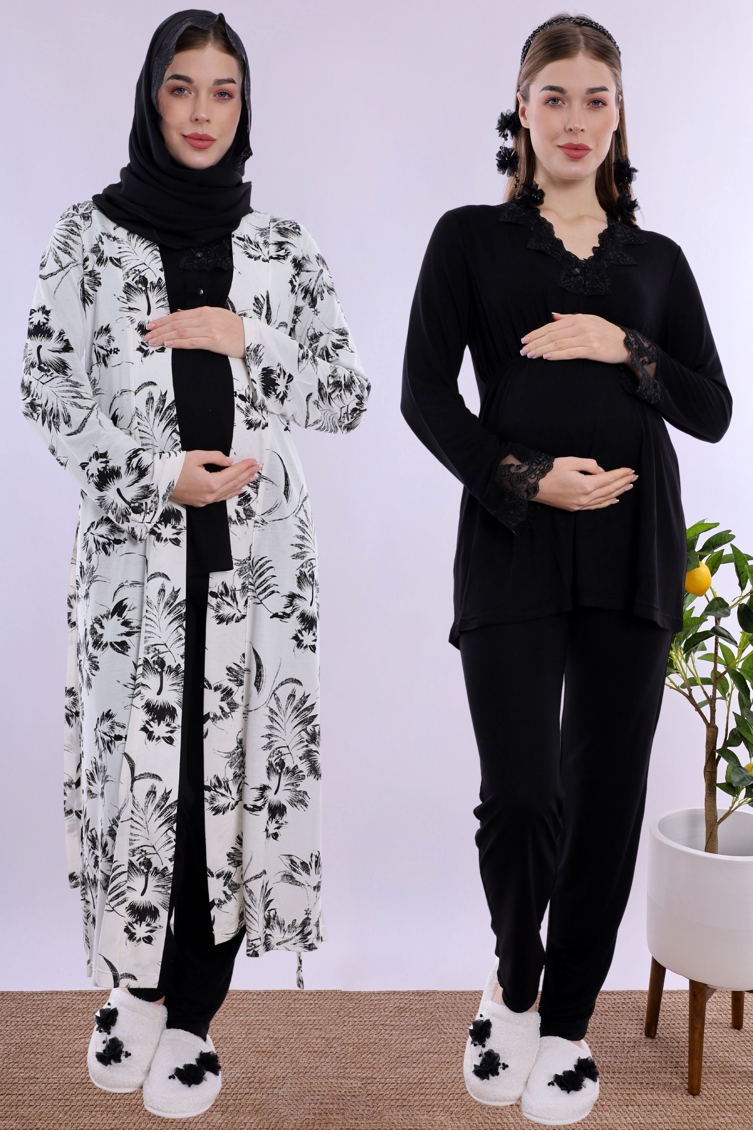 2T80942 Tesettürlü Rahat Kalıp Sabahlıklı Hamile Lohusa Pijama Takımı - Siyah