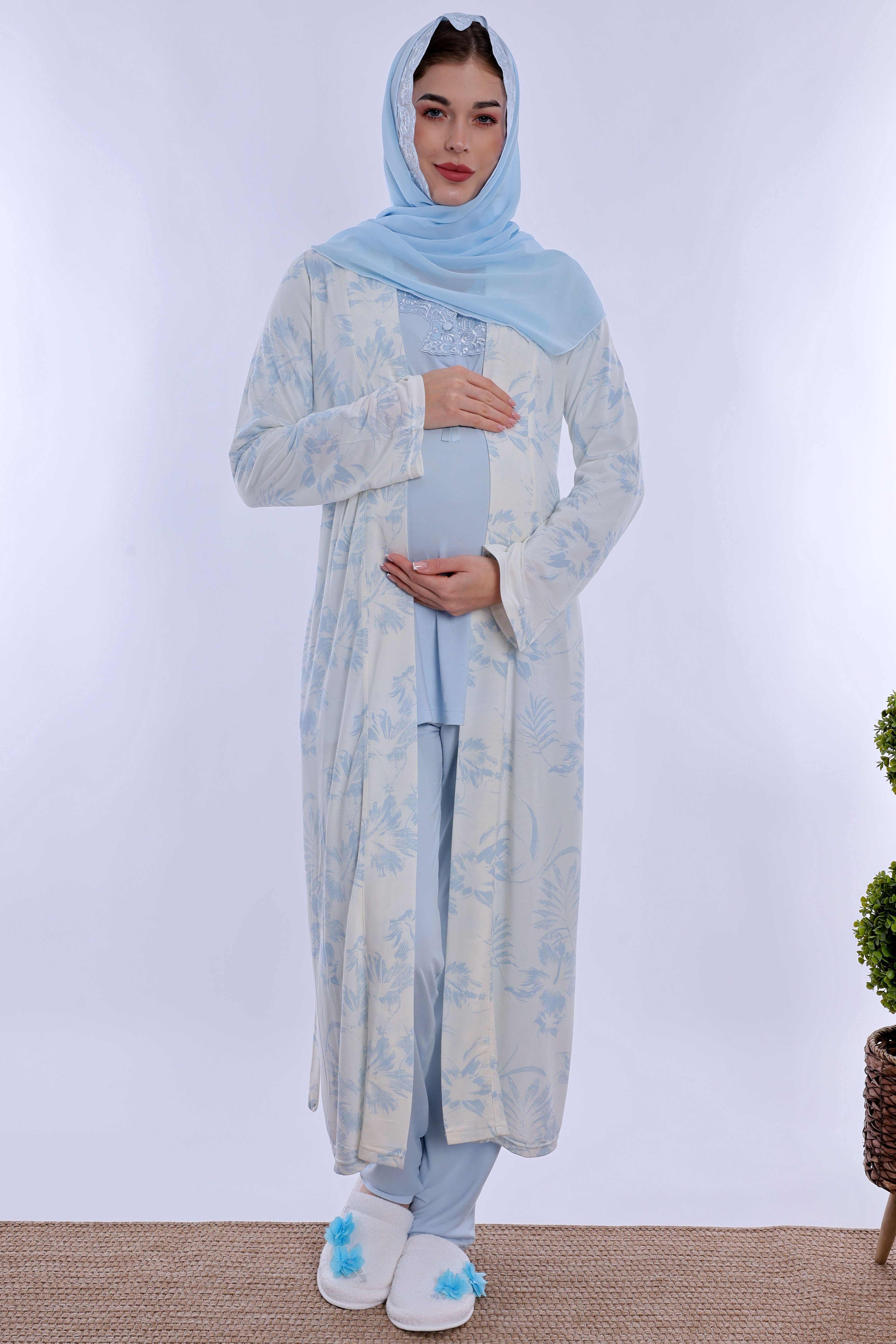 2T80942 Tesettürlü Rahat Kalıp Sabahlıklı Hamile Lohusa Pijama Takımı - Mavi