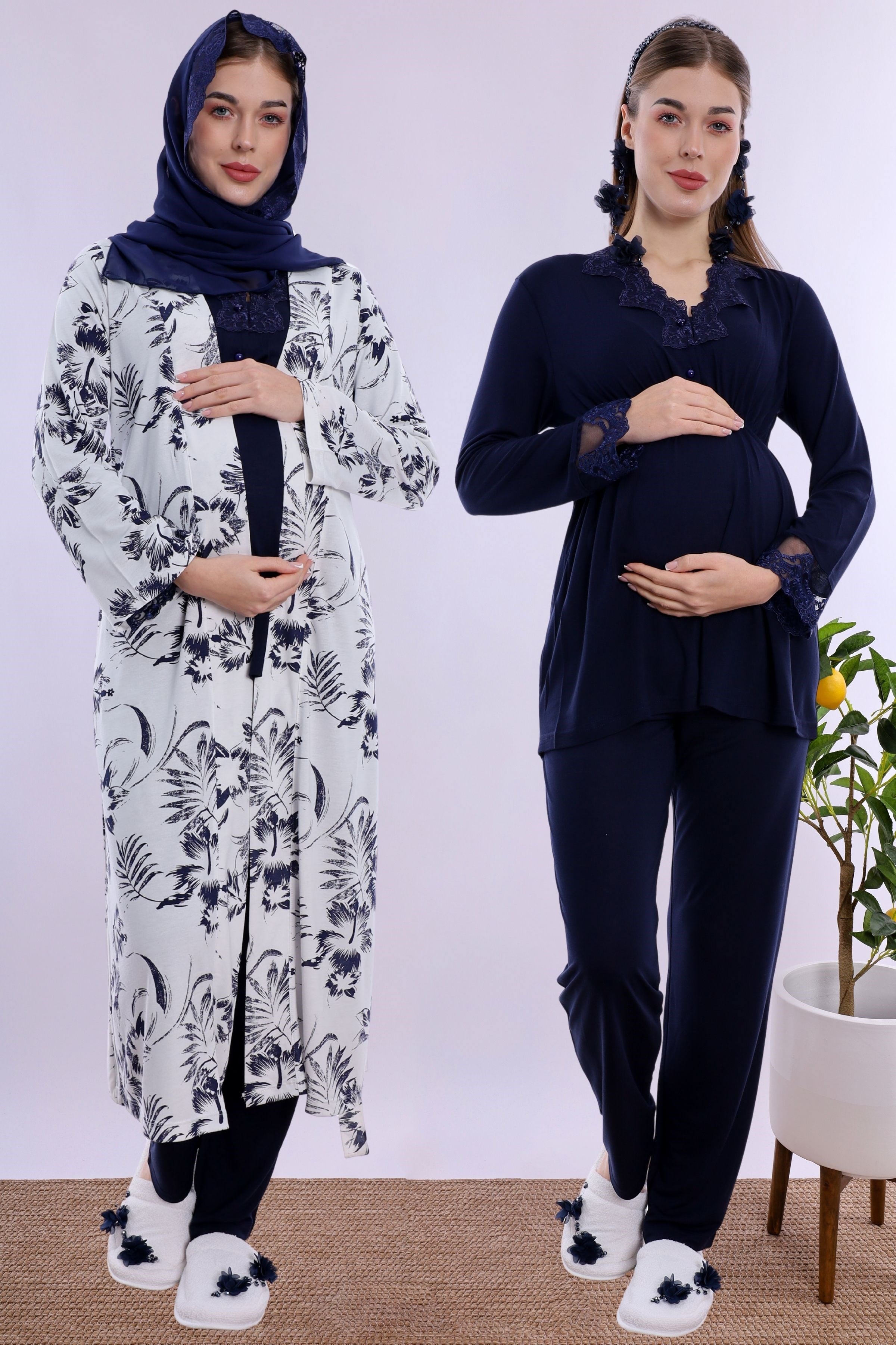 2T80942 Tesettürlü Rahat Kalıp Sabahlıklı Hamile Lohusa Pijama Takımı - Lacivert