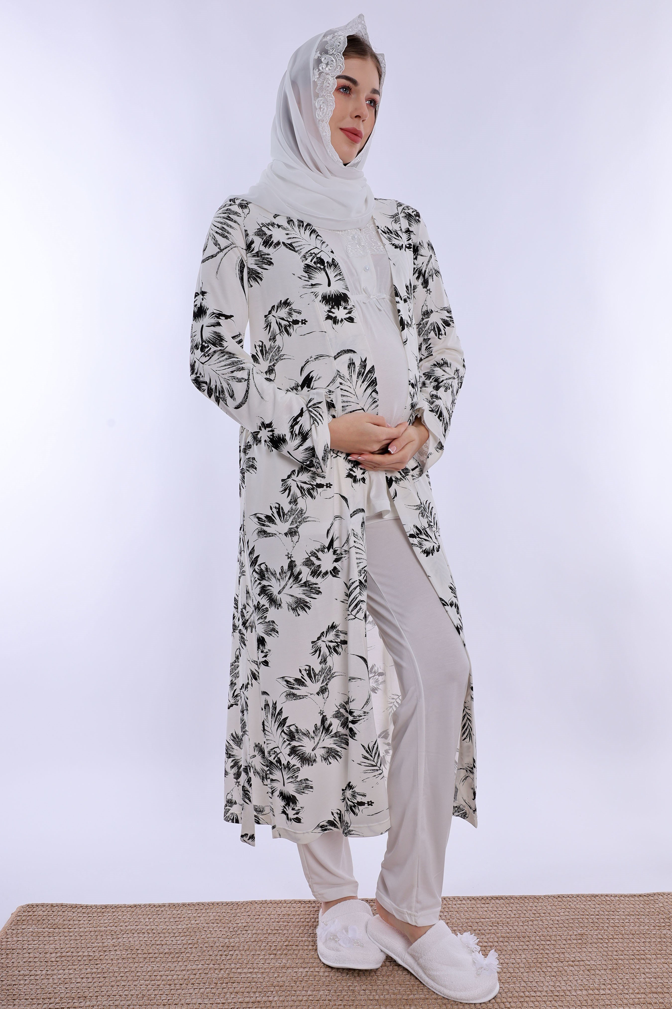 2T80942 Tesettürlü Rahat Kalıp Sabahlıklı Hamile Lohusa Pijama Takımı - Ekru