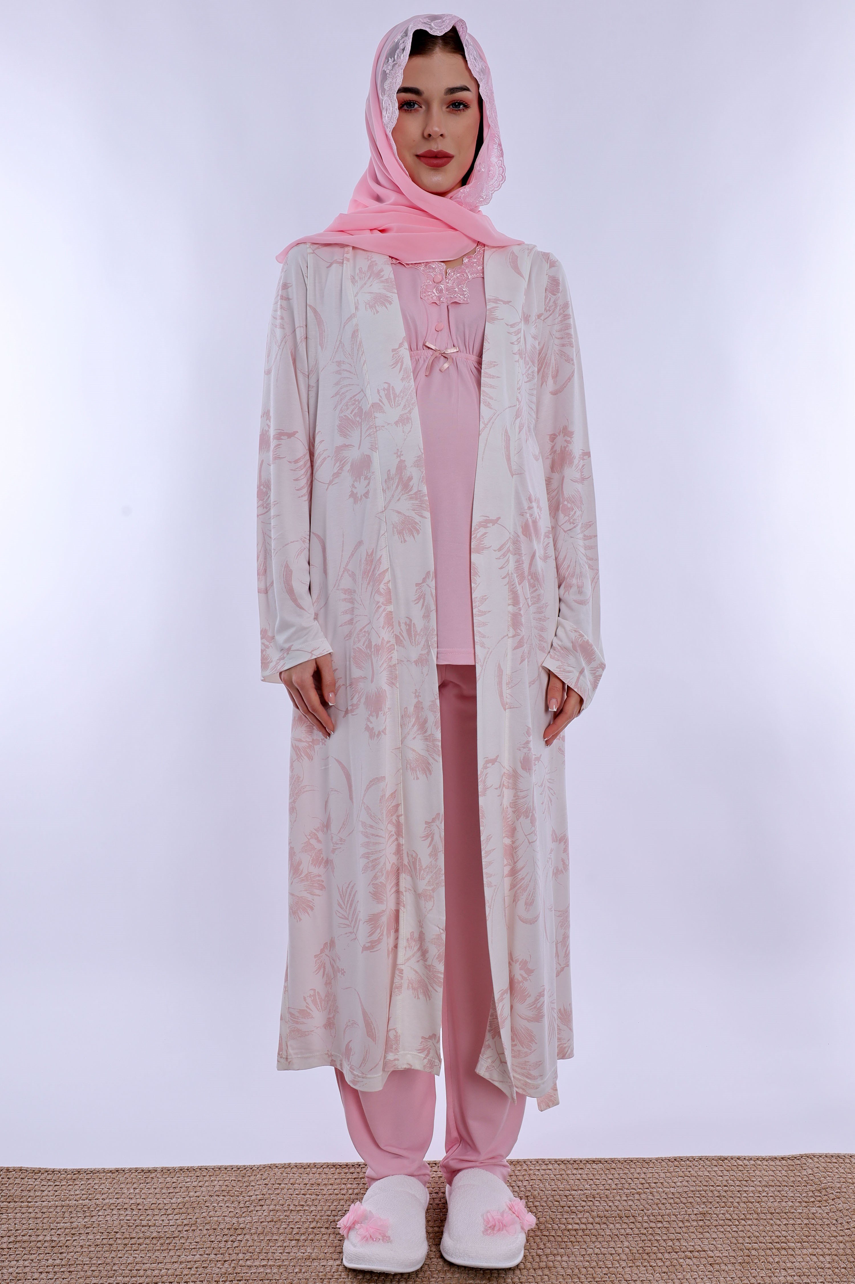 2T80942 Tesettürlü Rahat Kalıp Sabahlıklı Hamile Lohusa Pijama Takımı - Pudra