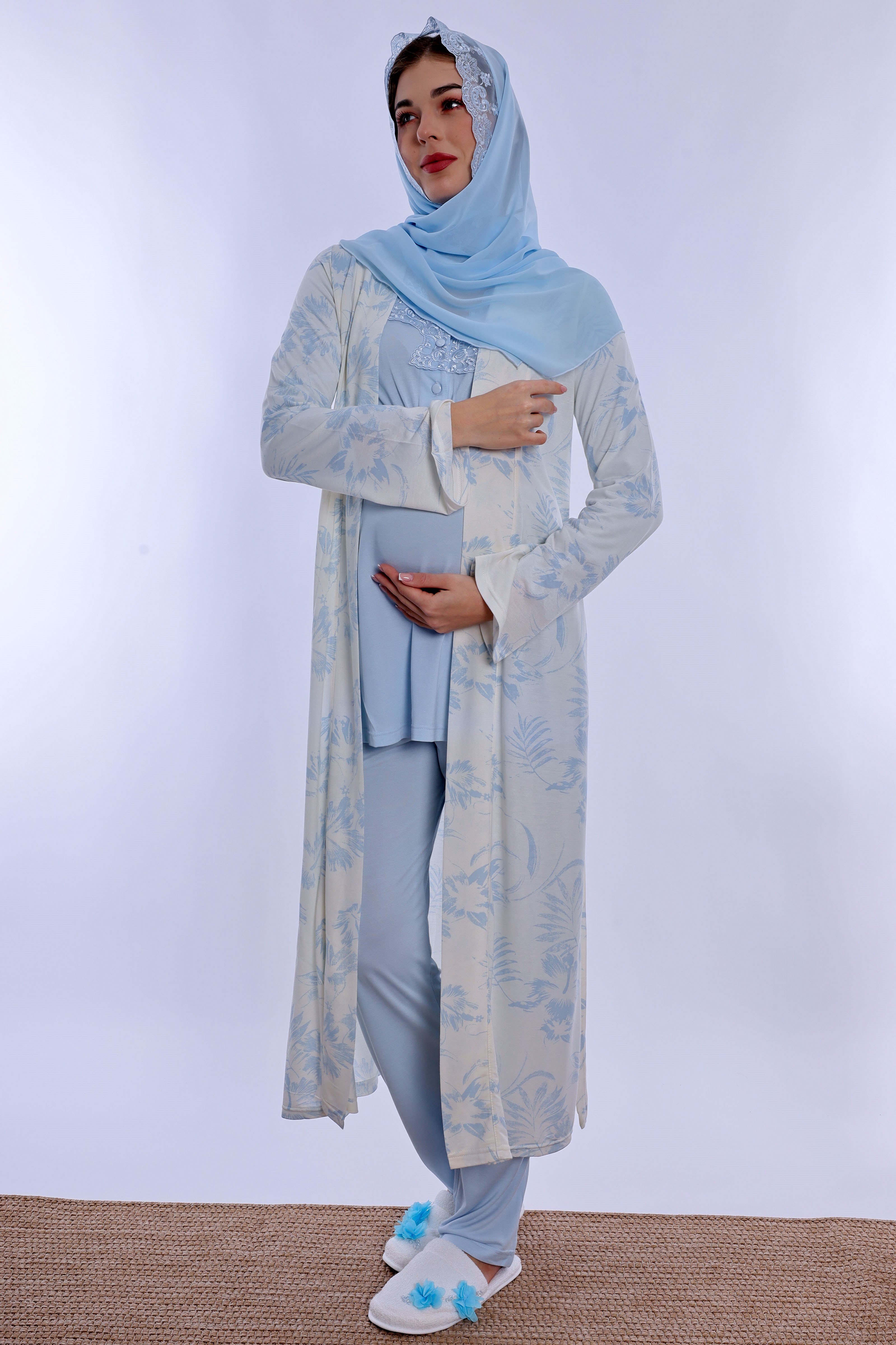 2T80942 Tesettürlü Rahat Kalıp Sabahlıklı Hamile Lohusa Pijama Takımı - Mavi