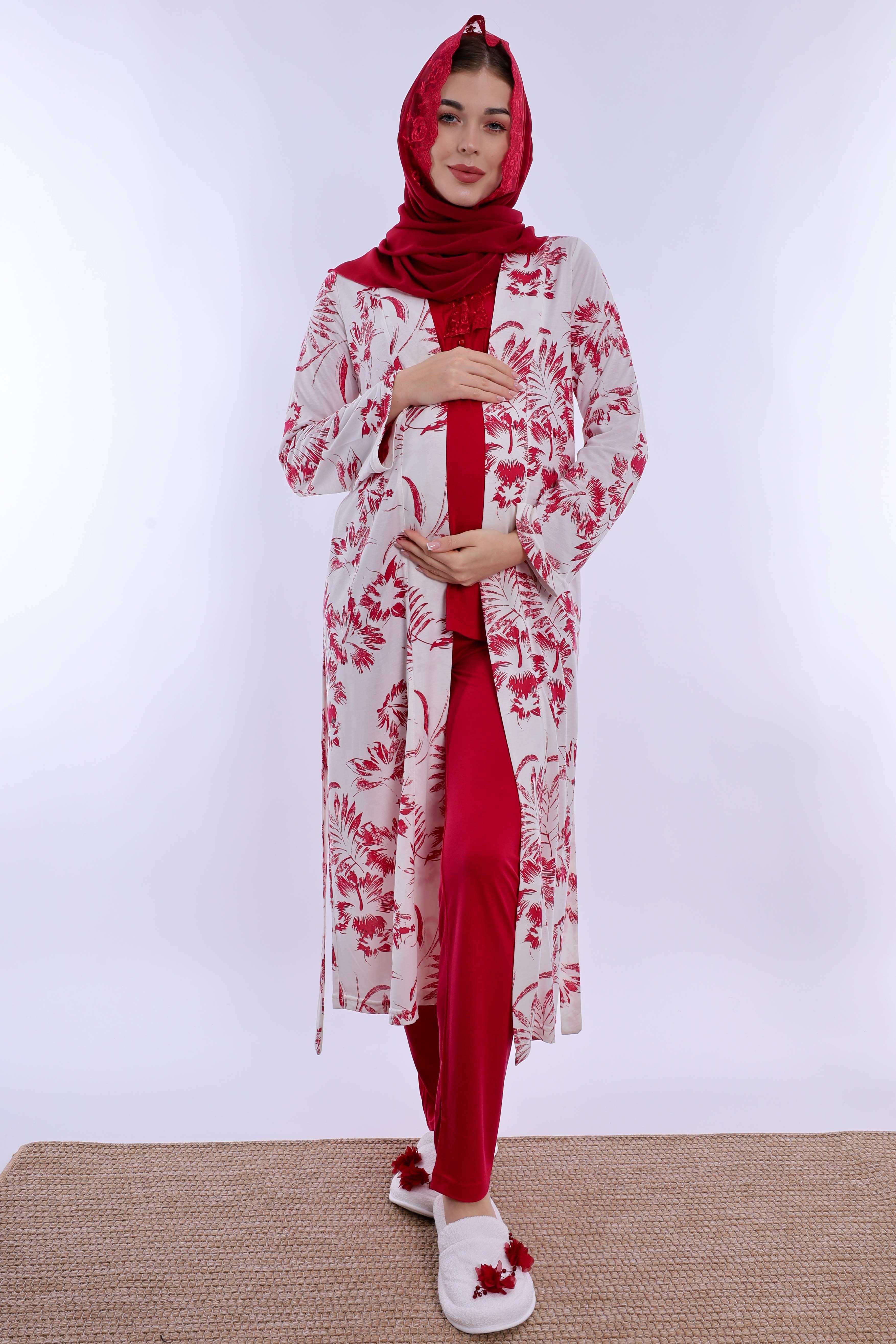 2T80942 Tesettürlü Rahat Kalıp Sabahlıklı Hamile Lohusa Pijama Takımı - Vişne