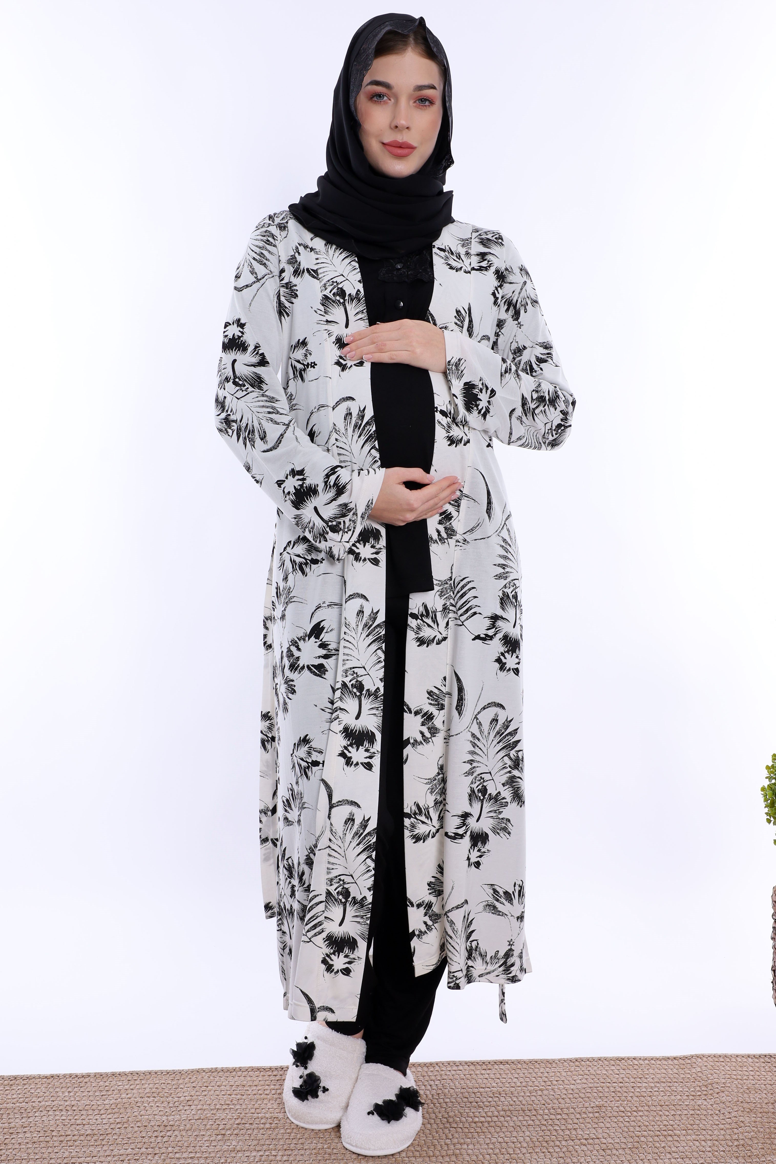 2T80942 Tesettürlü Rahat Kalıp Sabahlıklı Hamile Lohusa Pijama Takımı - Siyah