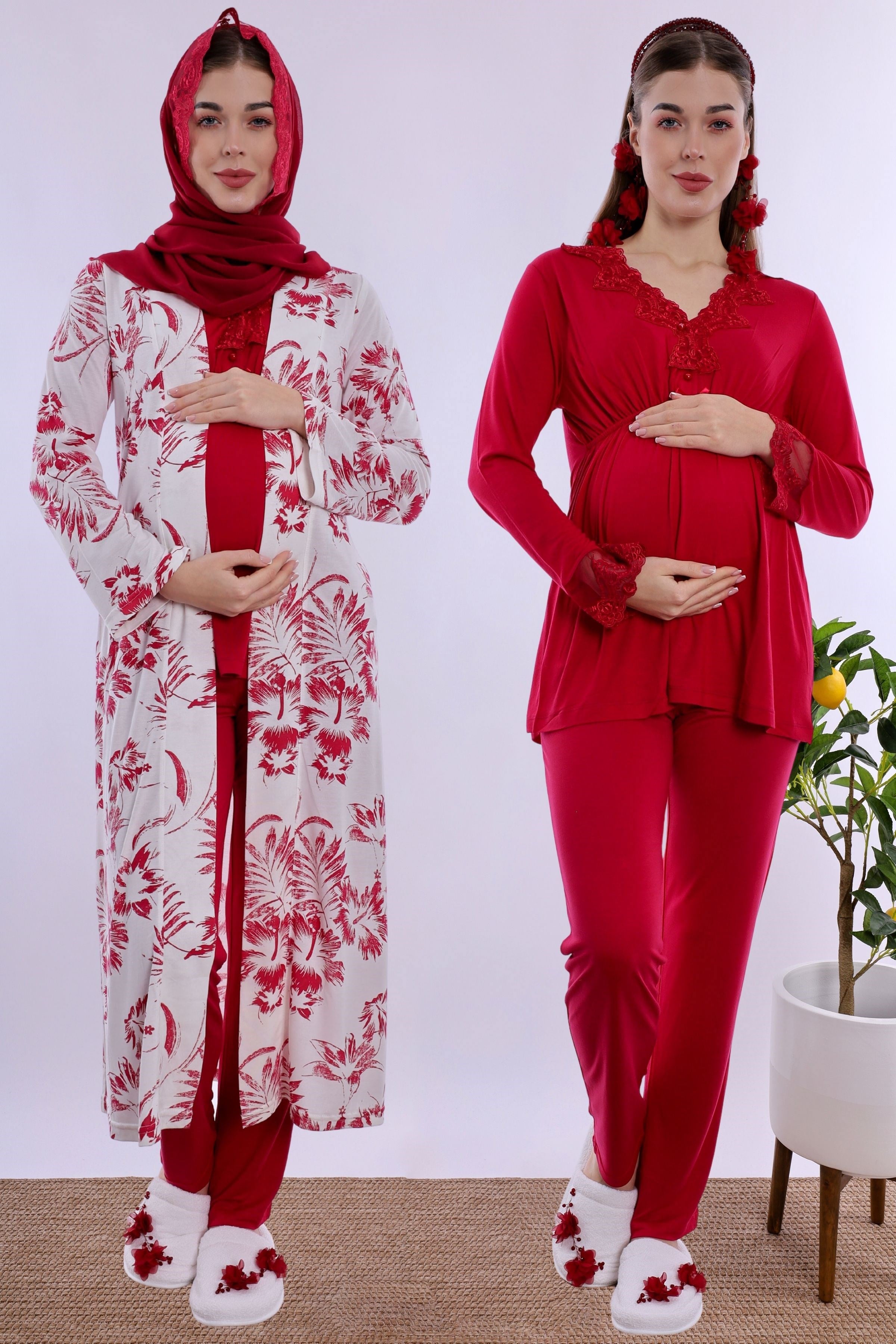 2T80942 Tesettürlü Rahat Kalıp Sabahlıklı Hamile Lohusa Pijama Takımı - Vişne