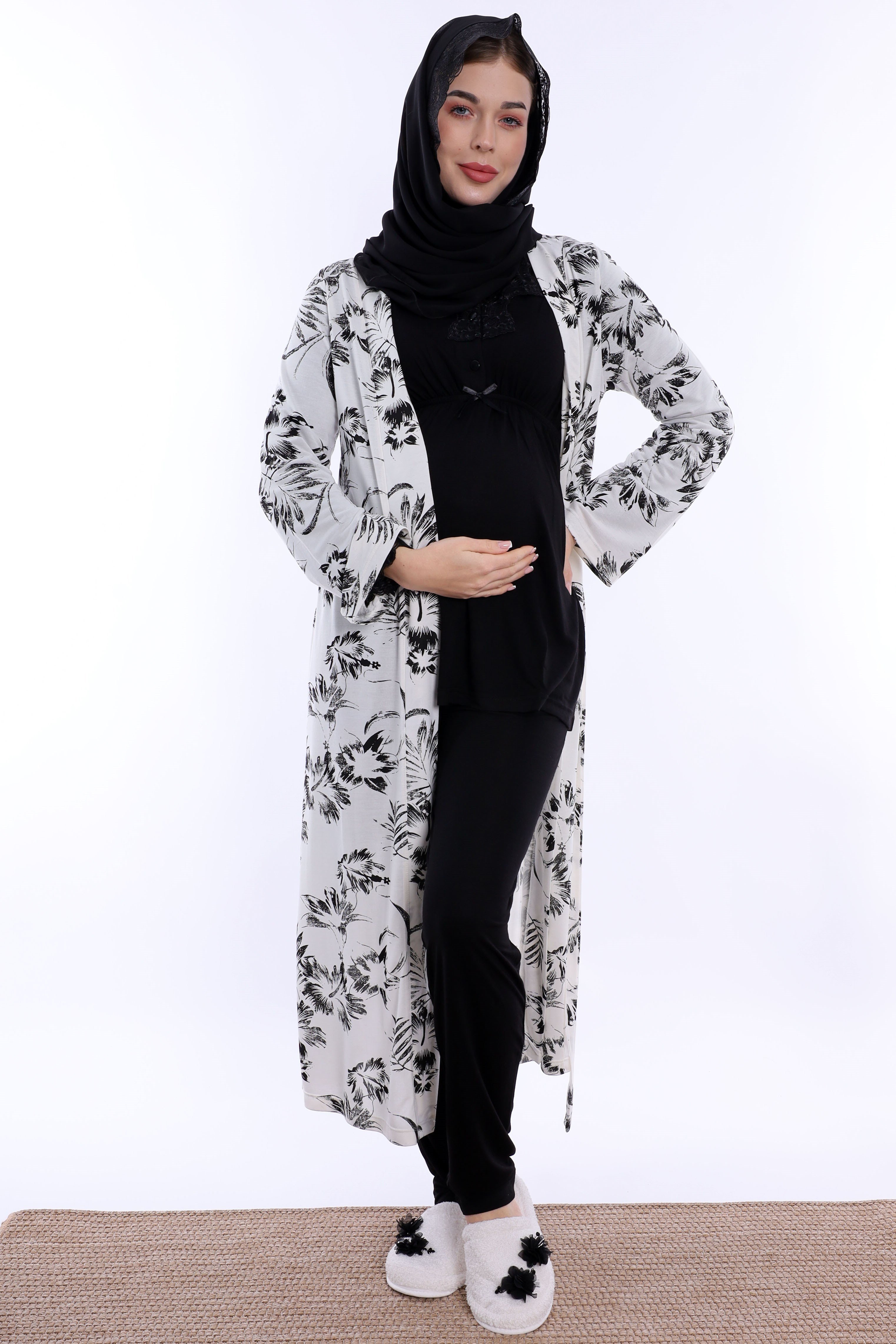 2T80942 Tesettürlü Rahat Kalıp Sabahlıklı Hamile Lohusa Pijama Takımı - Siyah