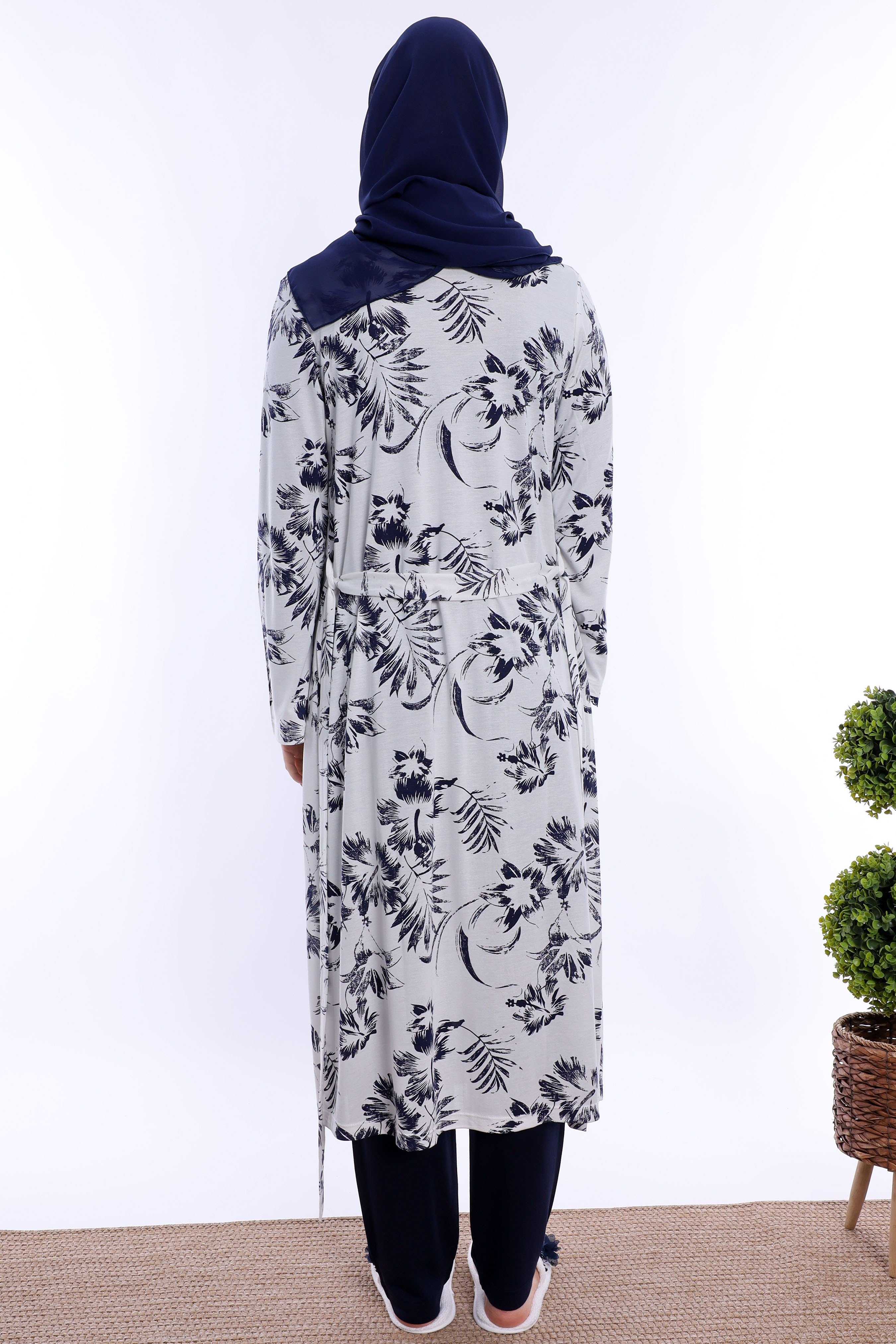 2T80942 Tesettürlü Rahat Kalıp Sabahlıklı Hamile Lohusa Pijama Takımı - Lacivert