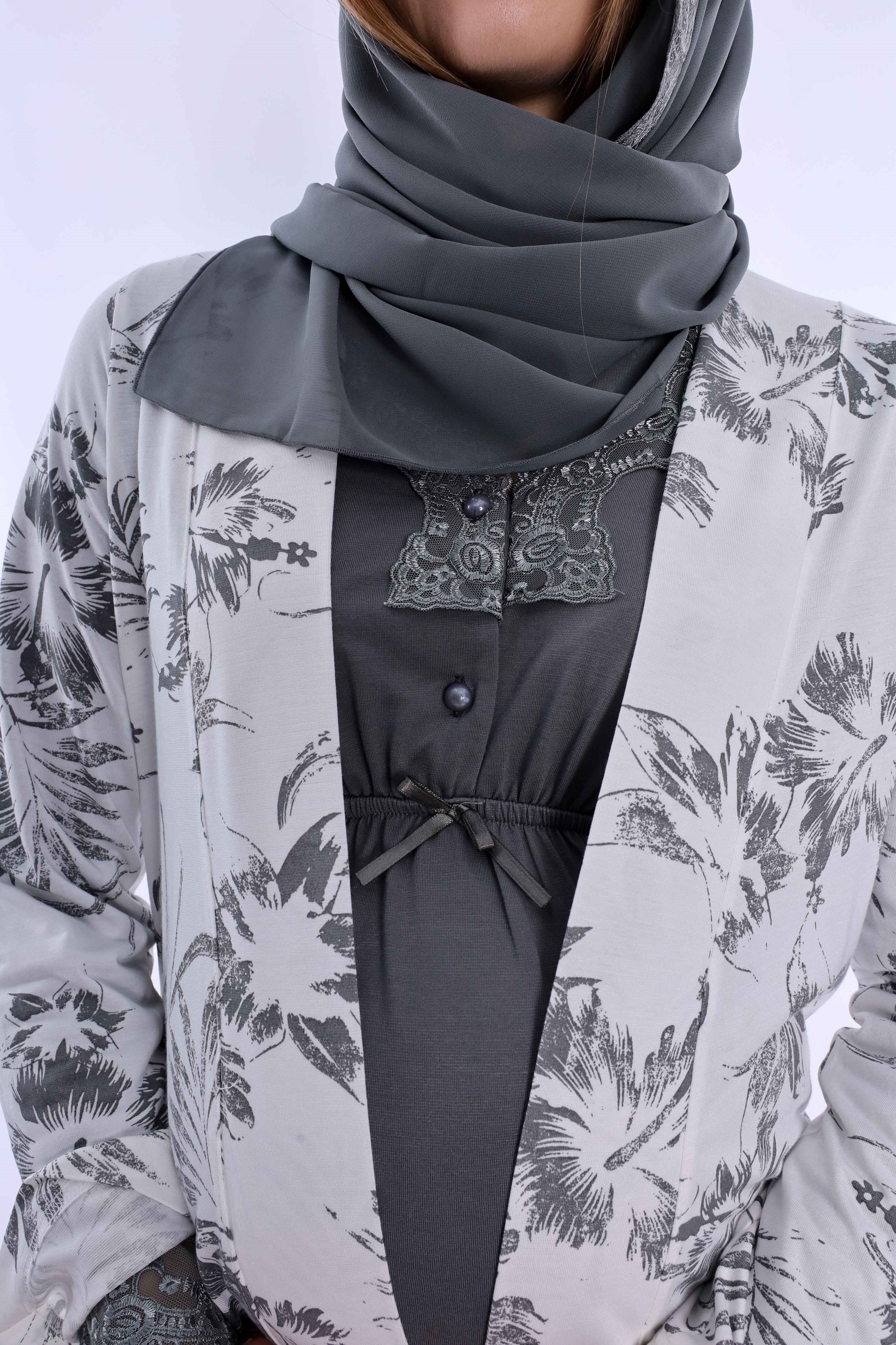 2T80942 Tesettürlü Rahat Kalıp Sabahlıklı Hamile Lohusa Pijama Takımı - Füme