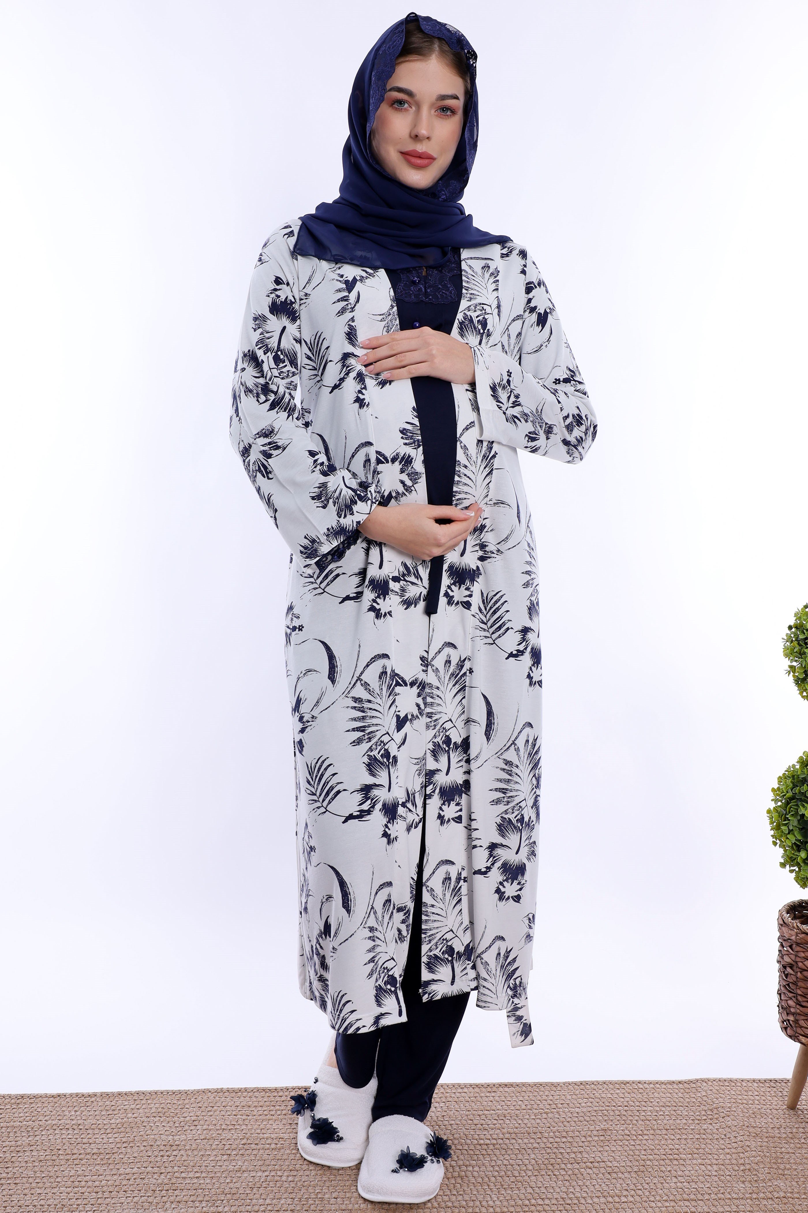 2T80942 Tesettürlü Rahat Kalıp Sabahlıklı Hamile Lohusa Pijama Takımı - Lacivert