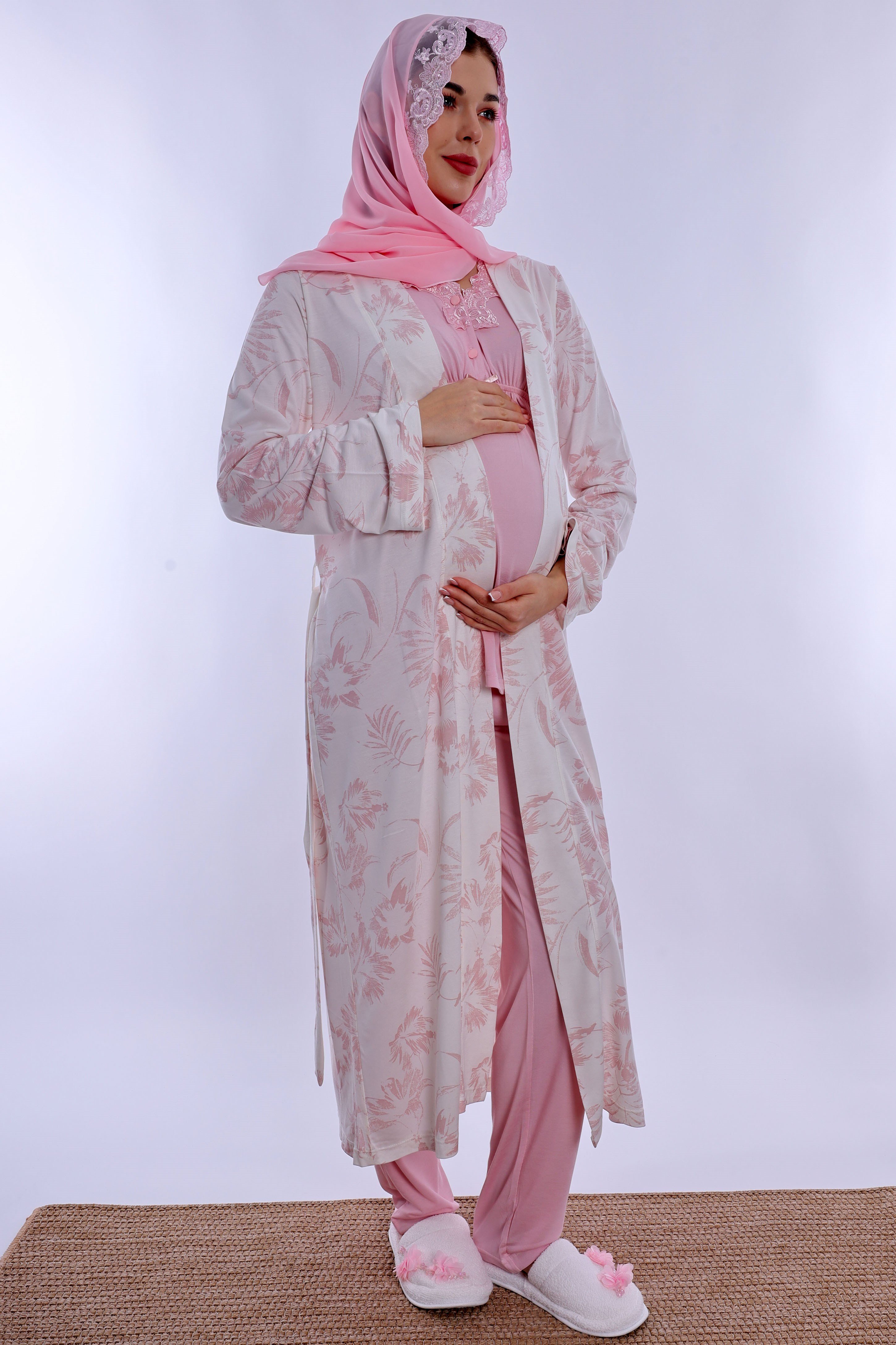 2T80942 Tesettürlü Rahat Kalıp Sabahlıklı Hamile Lohusa Pijama Takımı - Pudra