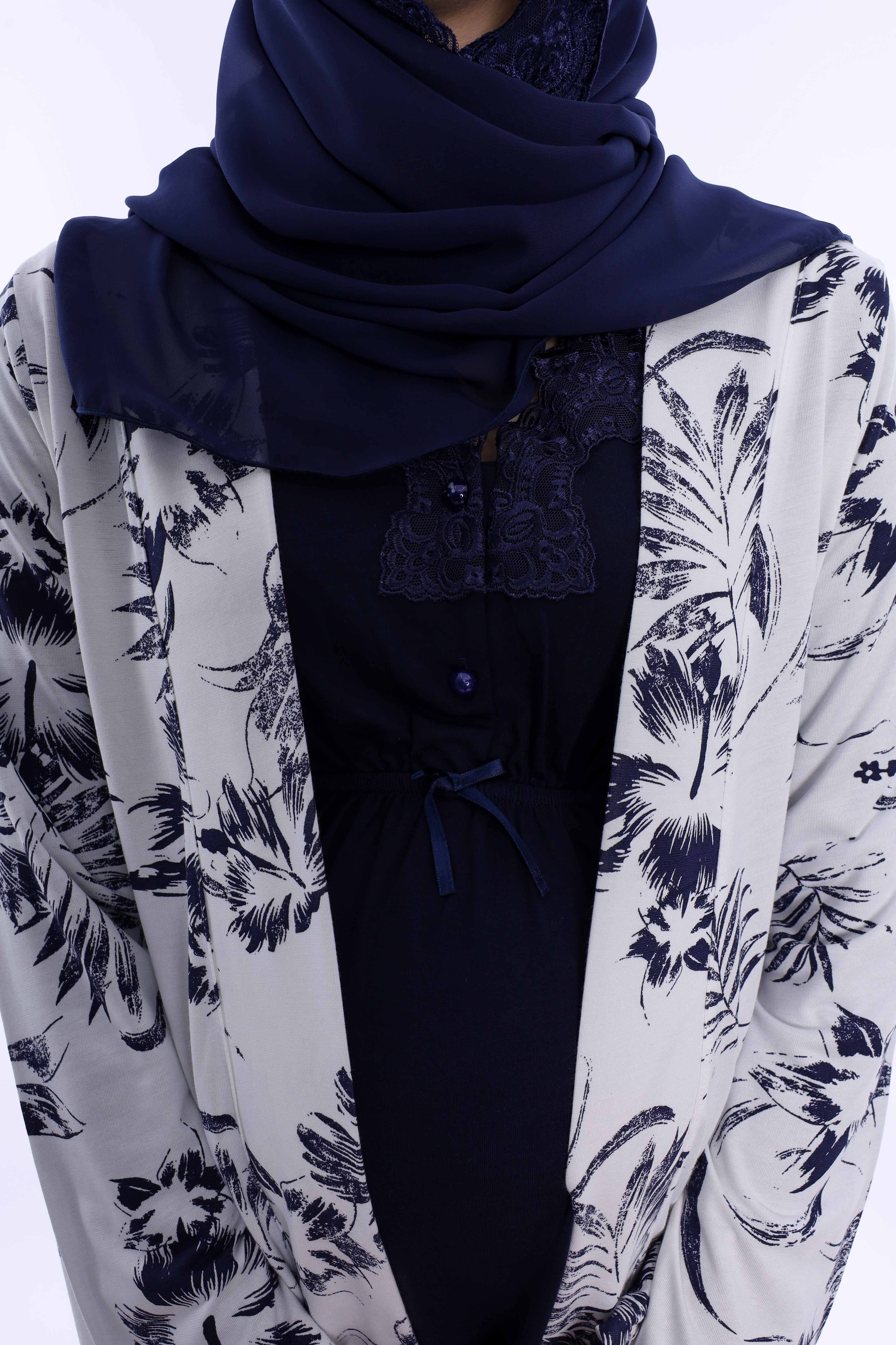 2T80942 Tesettürlü Rahat Kalıp Sabahlıklı Hamile Lohusa Pijama Takımı - Lacivert