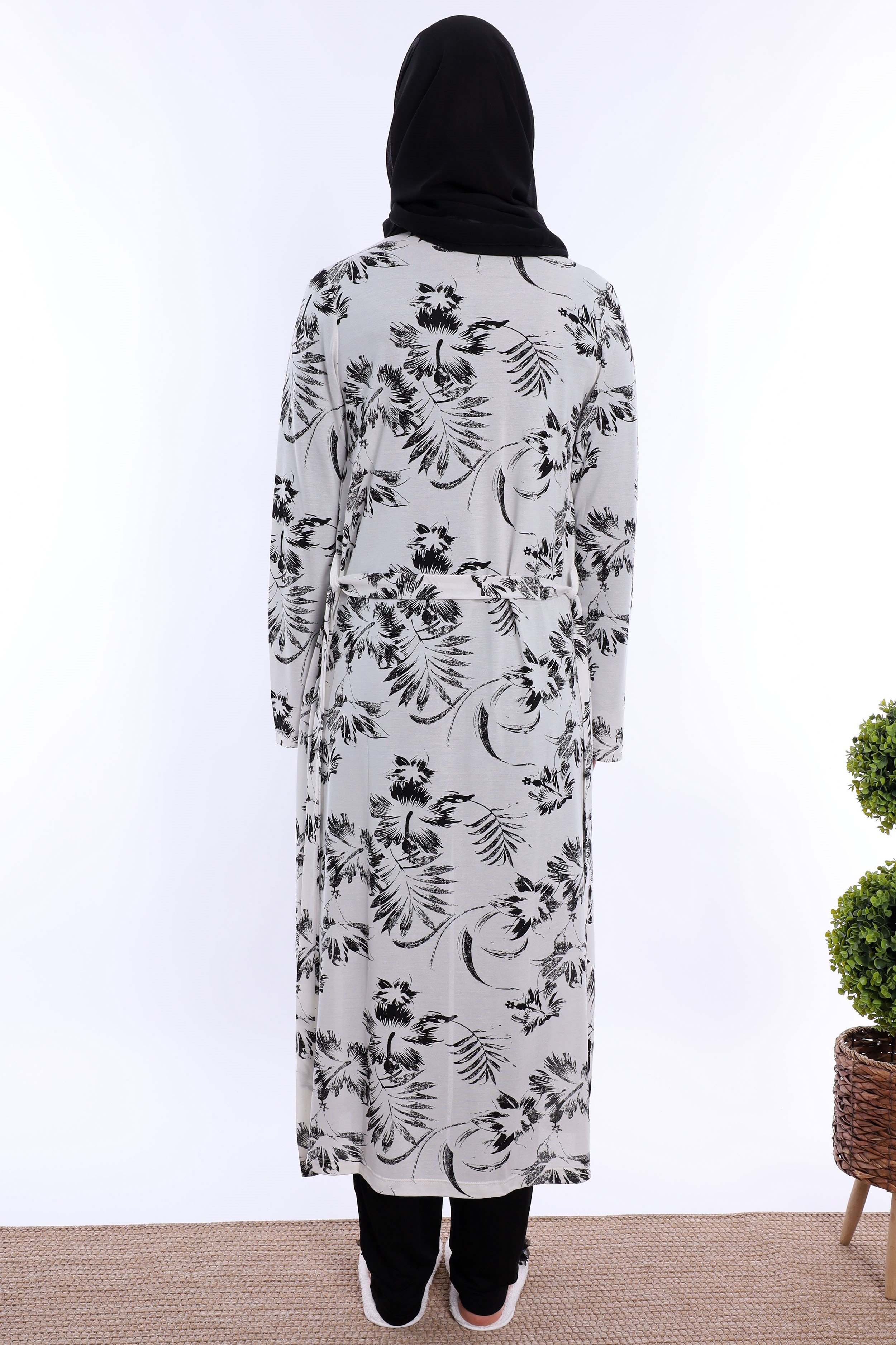 2T80942 Tesettürlü Rahat Kalıp Sabahlıklı Hamile Lohusa Pijama Takımı - Siyah