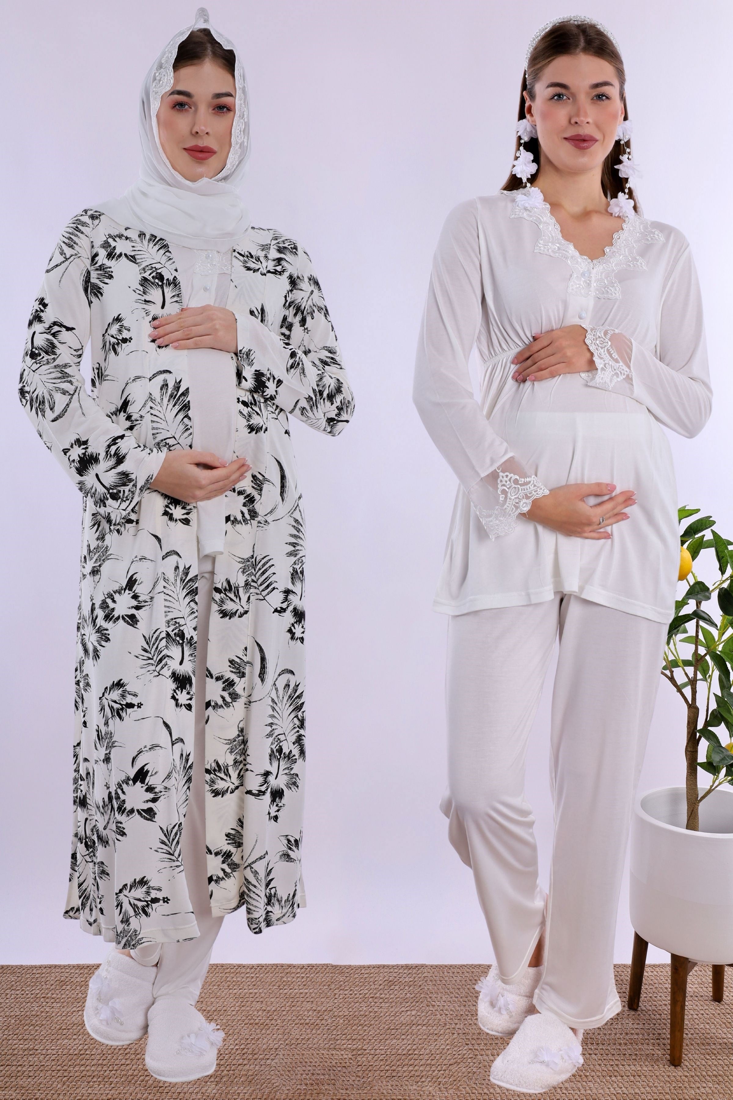 2T80942 Tesettürlü Rahat Kalıp Sabahlıklı Hamile Lohusa Pijama Takımı - Ekru