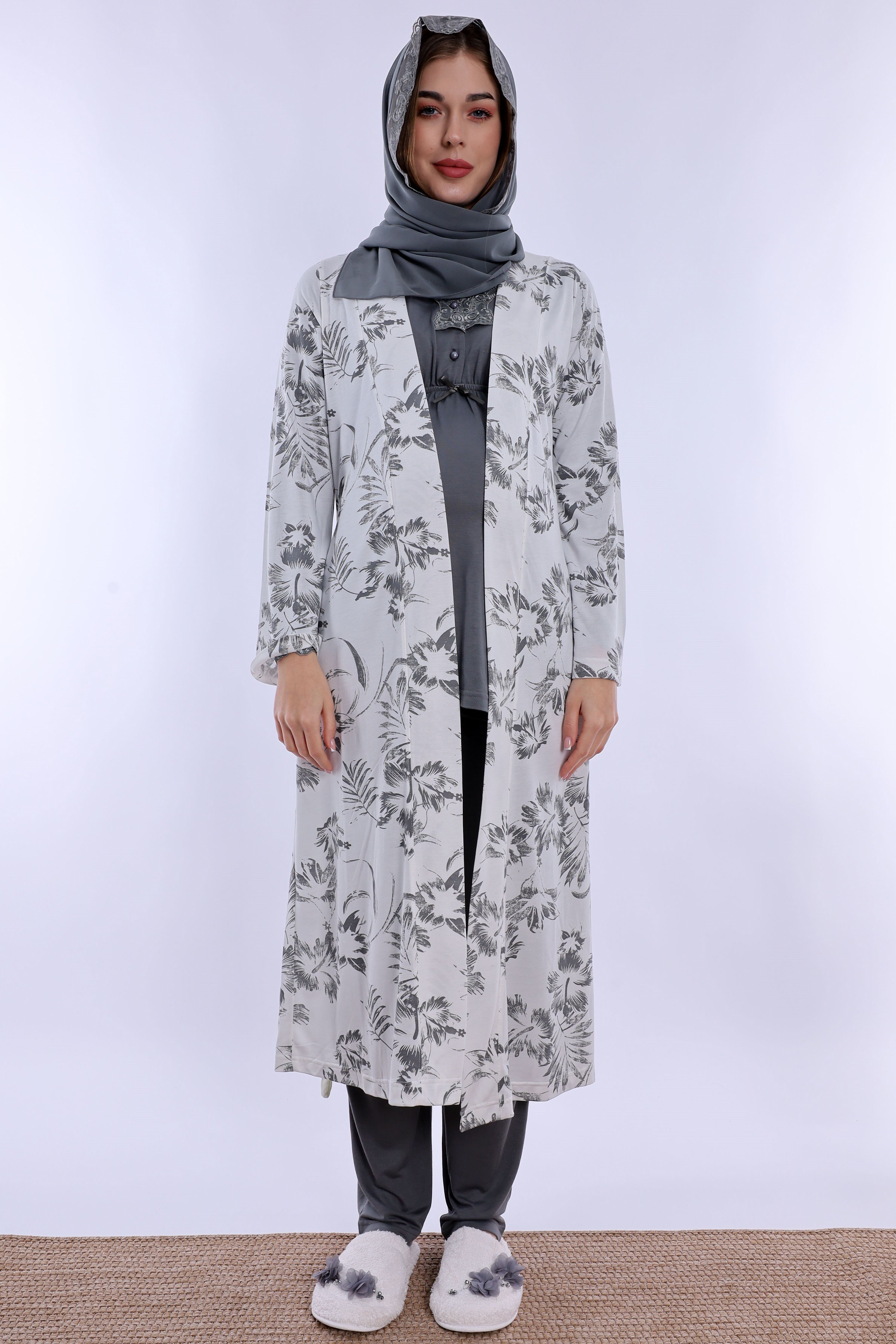 2T80942 Tesettürlü Rahat Kalıp Sabahlıklı Hamile Lohusa Pijama Takımı - Füme