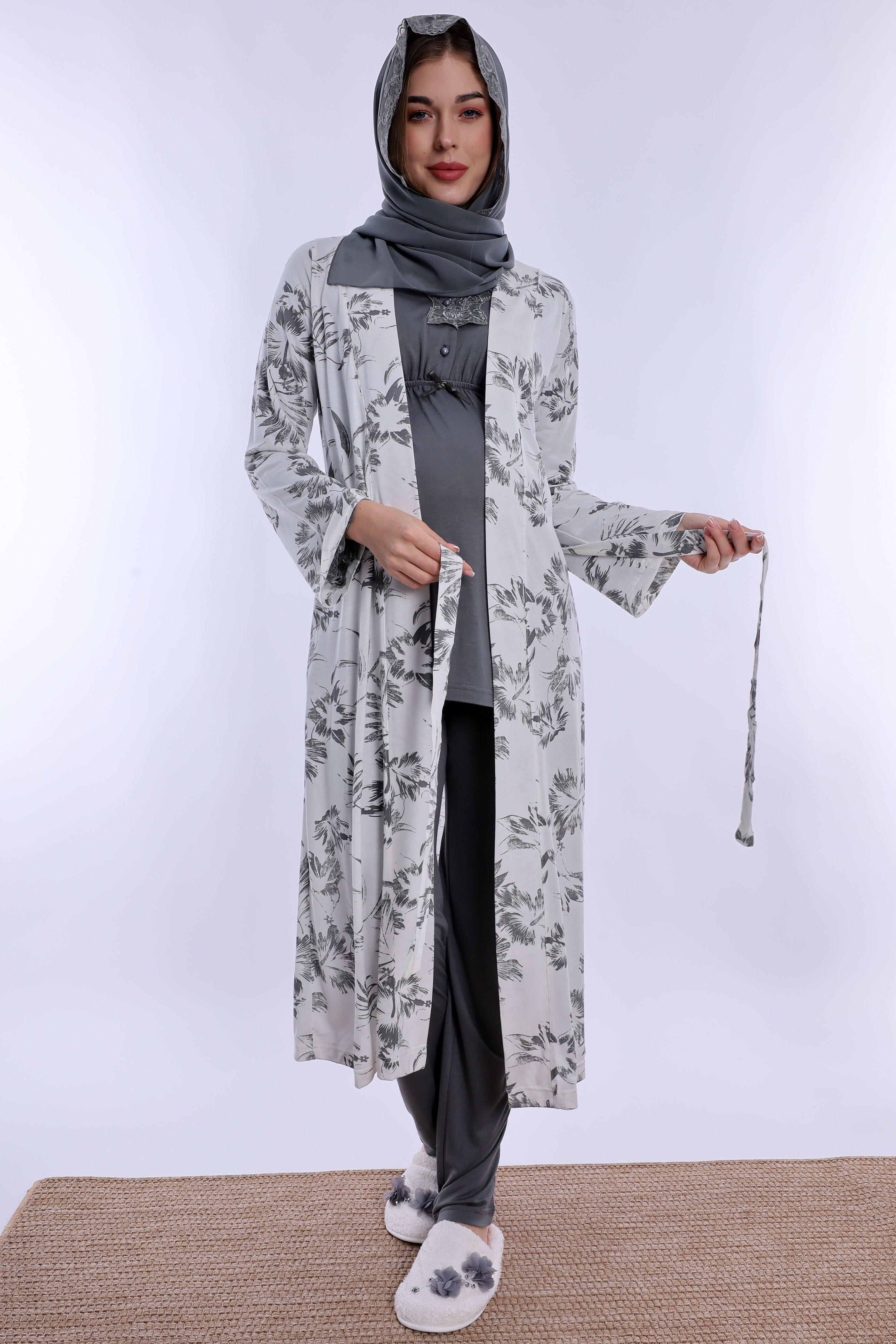 2T80942 Tesettürlü Rahat Kalıp Sabahlıklı Hamile Lohusa Pijama Takımı - Füme