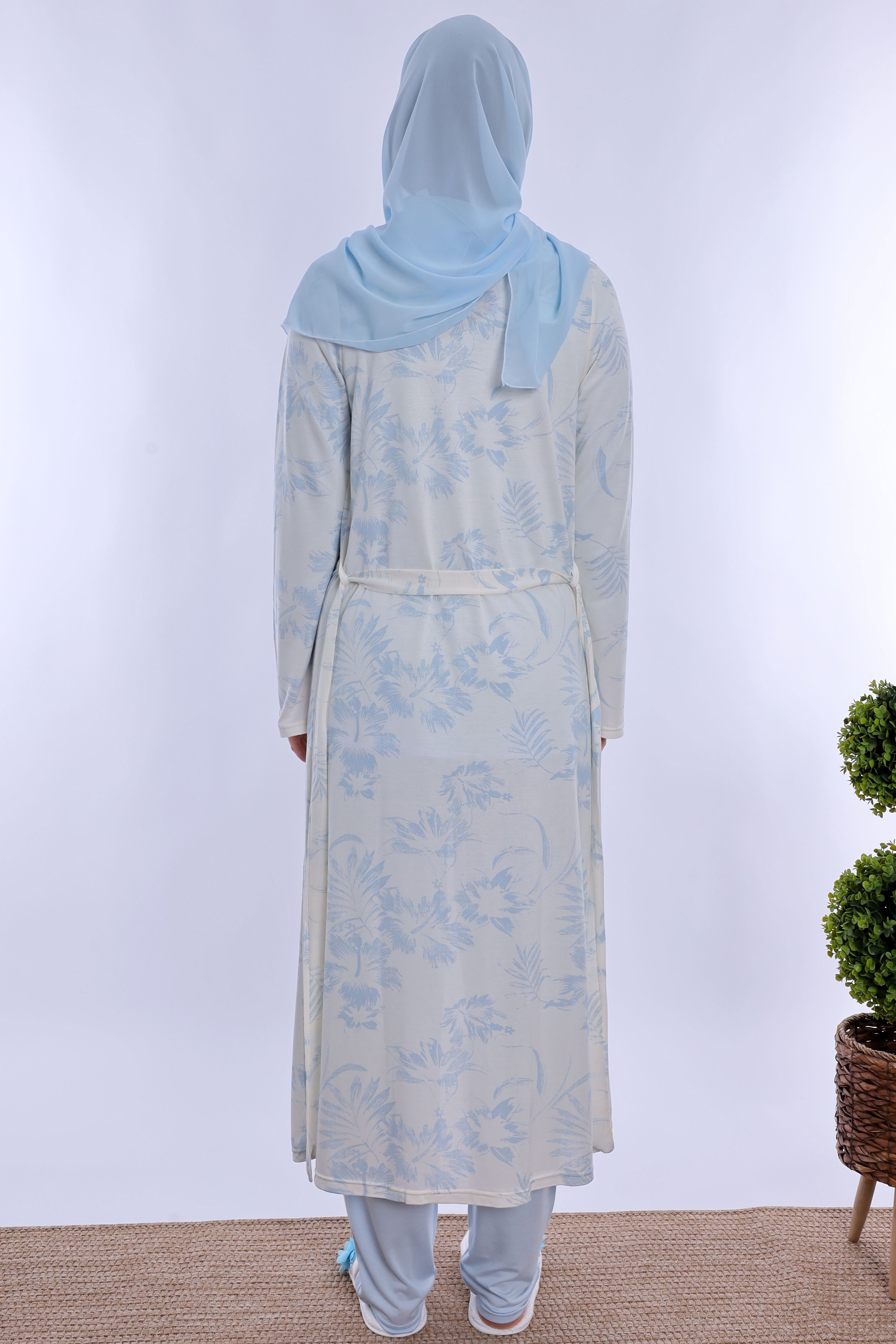 2T80942 Tesettürlü Rahat Kalıp Sabahlıklı Hamile Lohusa Pijama Takımı - Mavi