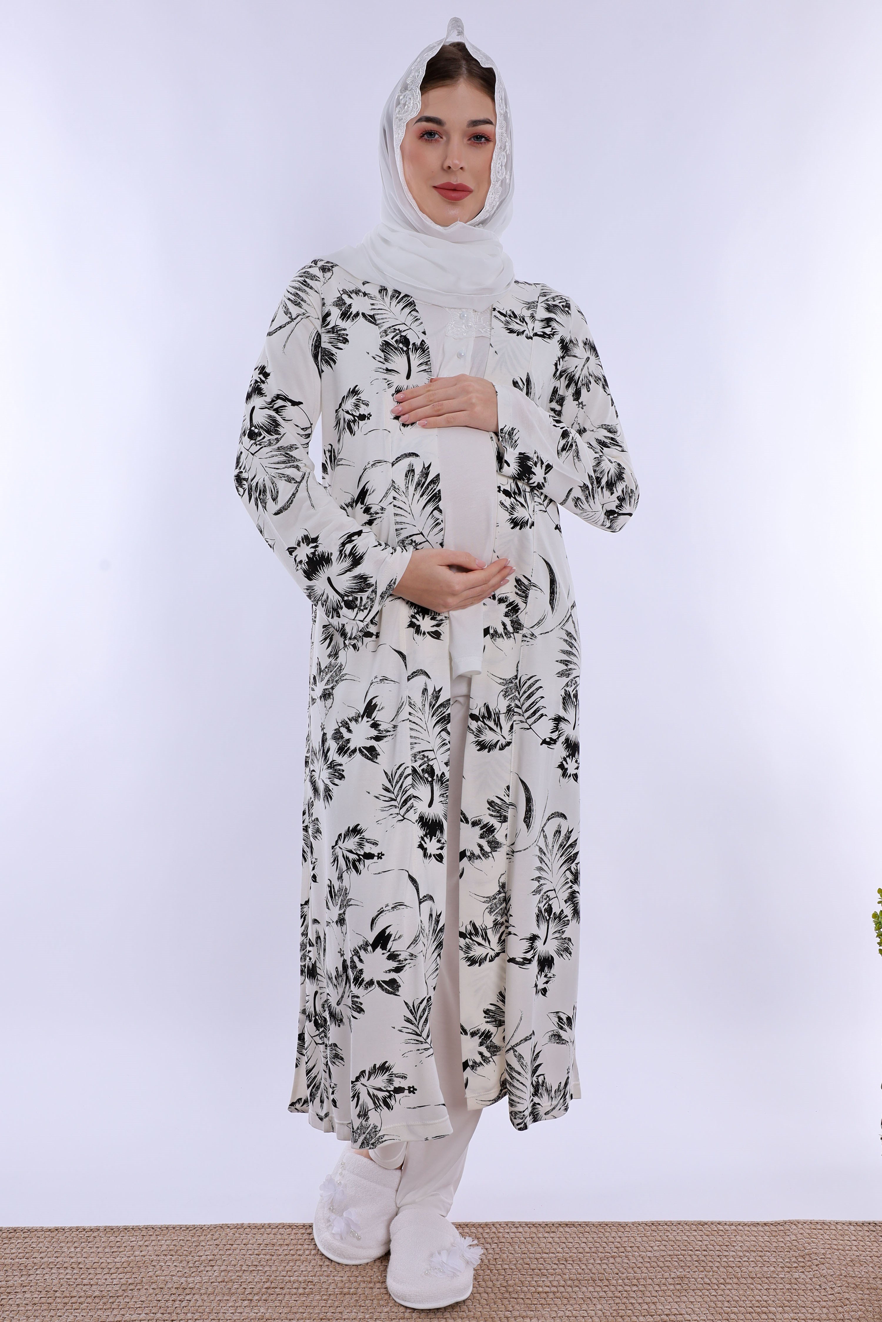 2T80942 Tesettürlü Rahat Kalıp Sabahlıklı Hamile Lohusa Pijama Takımı - Ekru