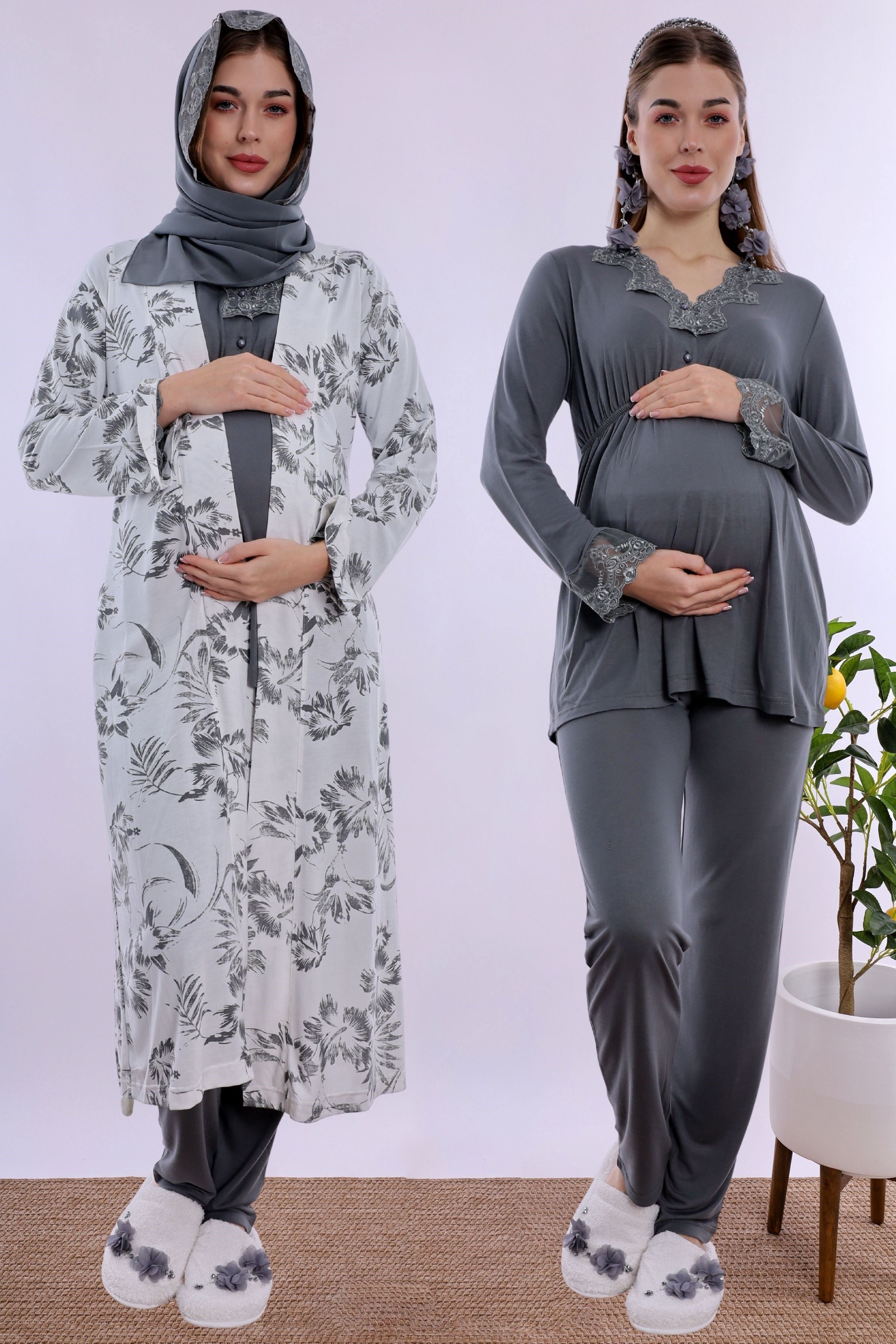 2T80942 Tesettürlü Rahat Kalıp Sabahlıklı Hamile Lohusa Pijama Takımı - Füme