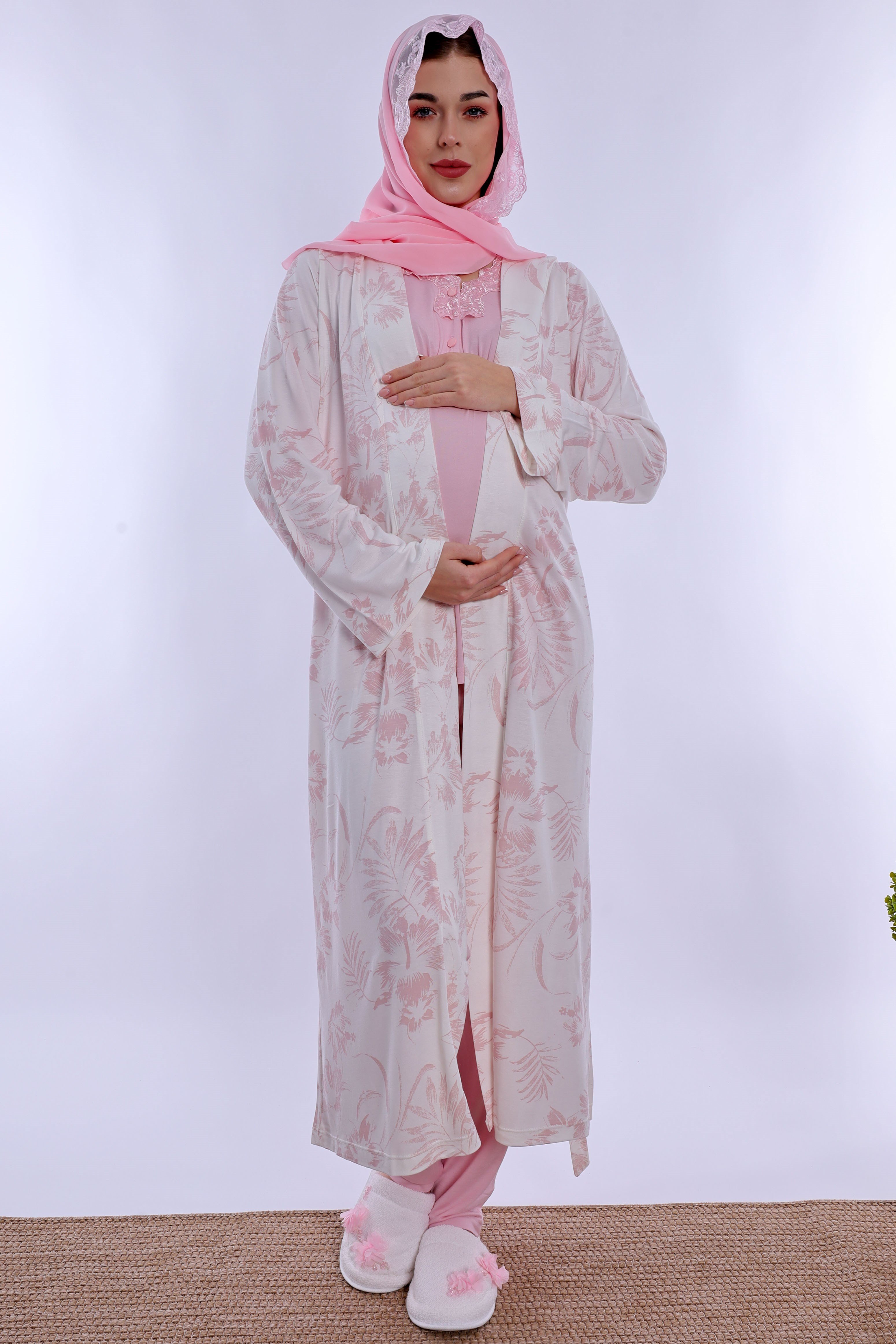2T80942 Tesettürlü Rahat Kalıp Sabahlıklı Hamile Lohusa Pijama Takımı - Pudra