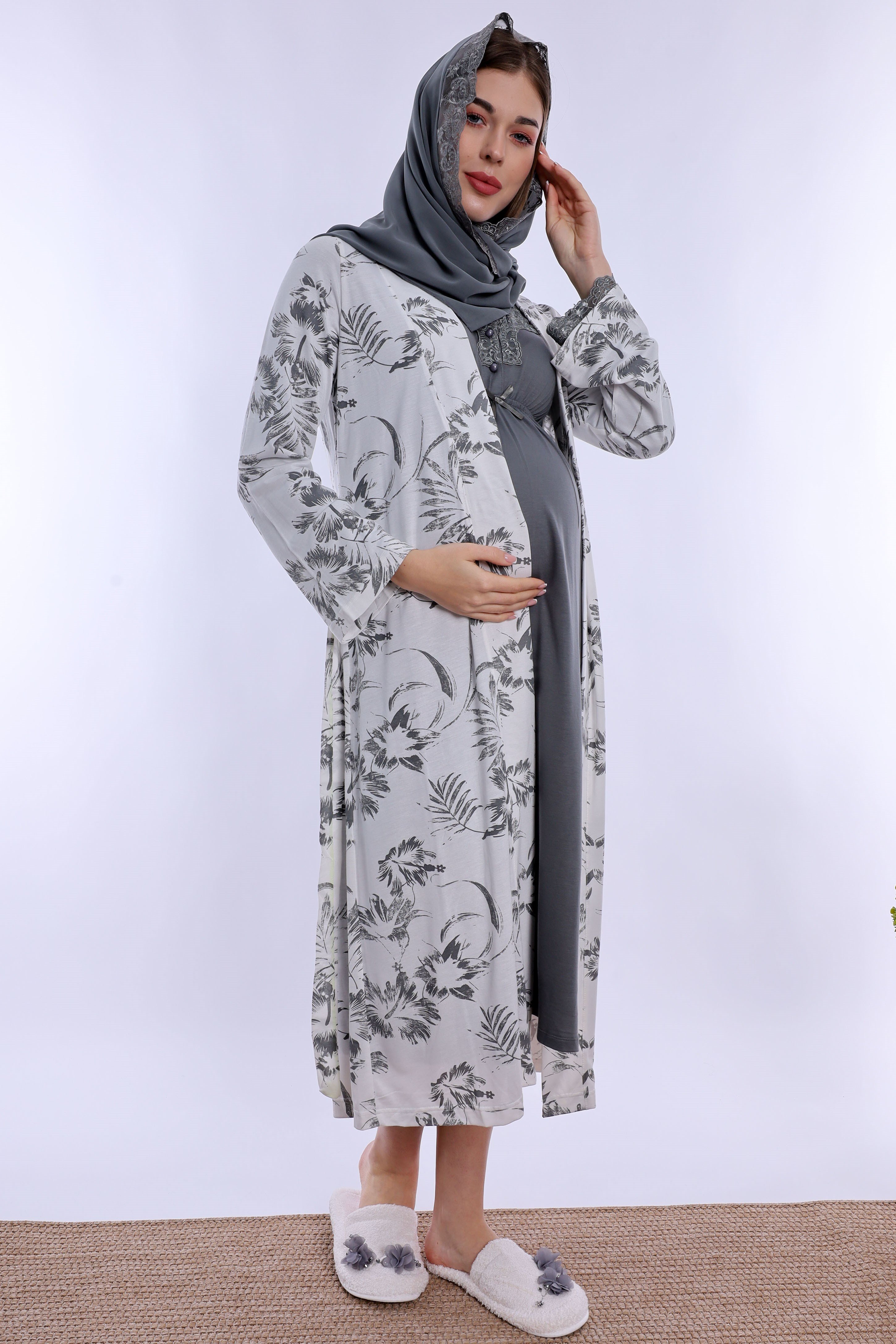 2T80962 Tesettürlü Zarif Dantel Detaylı Hamile Lohusa Set - Füme