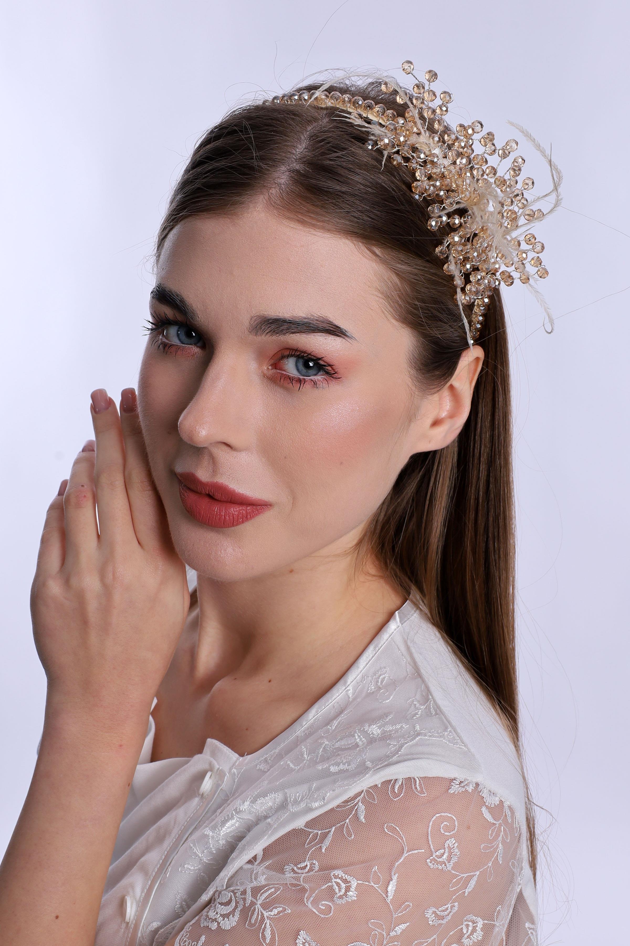 ByLohusa 1015 Bej İnci Taşlı Lohusa Taç