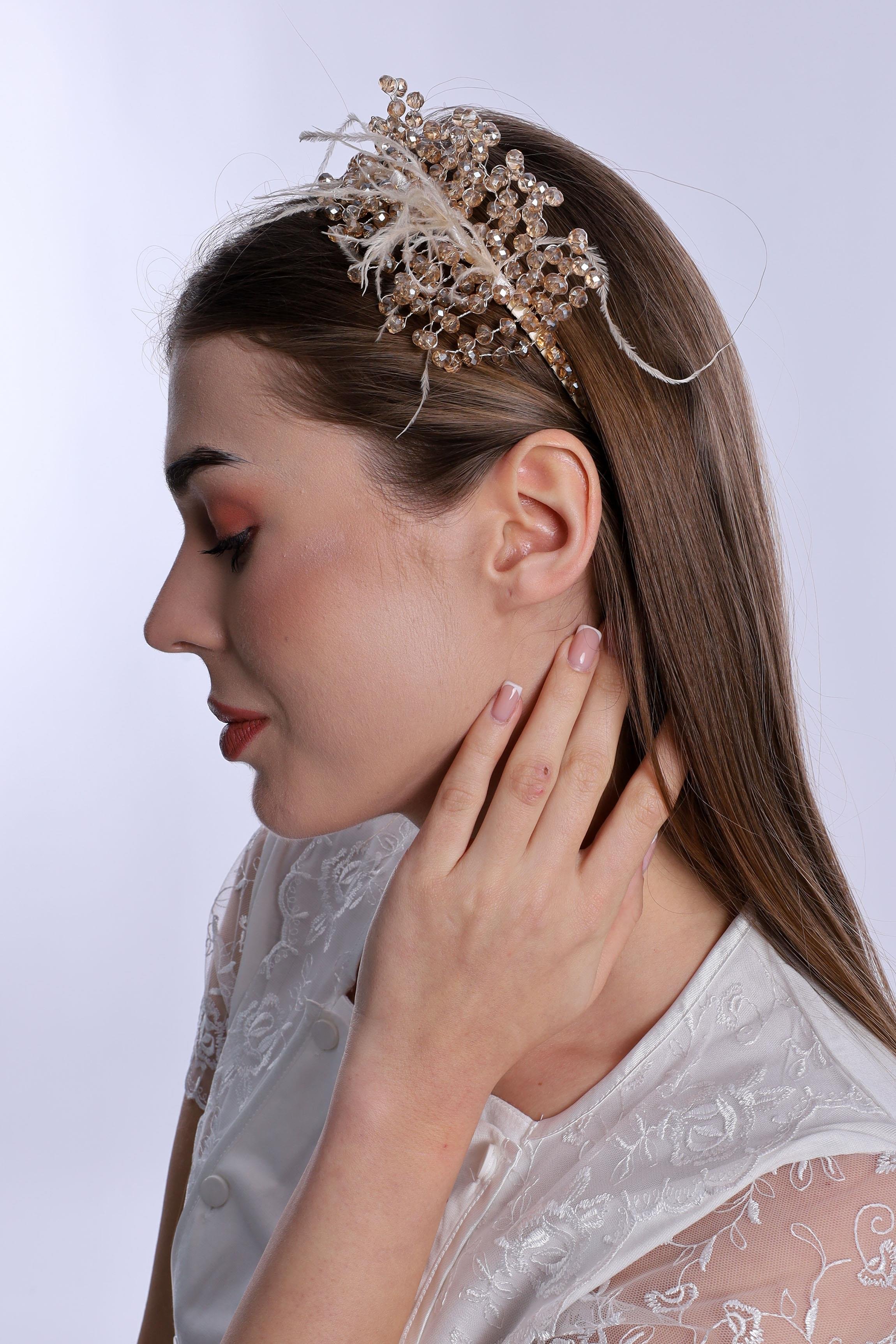 ByLohusa 1015 Bej İnci Taşlı Lohusa Taç