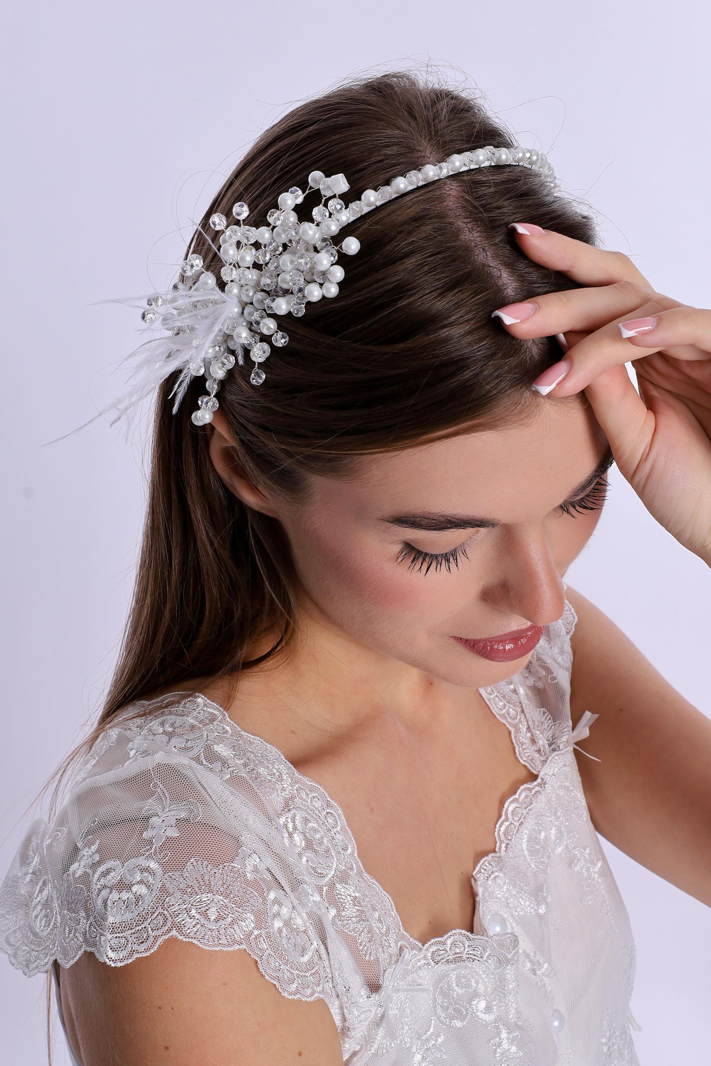 ByLohusa 1015 Beyaz İnci Taşlı Lohusa Taç