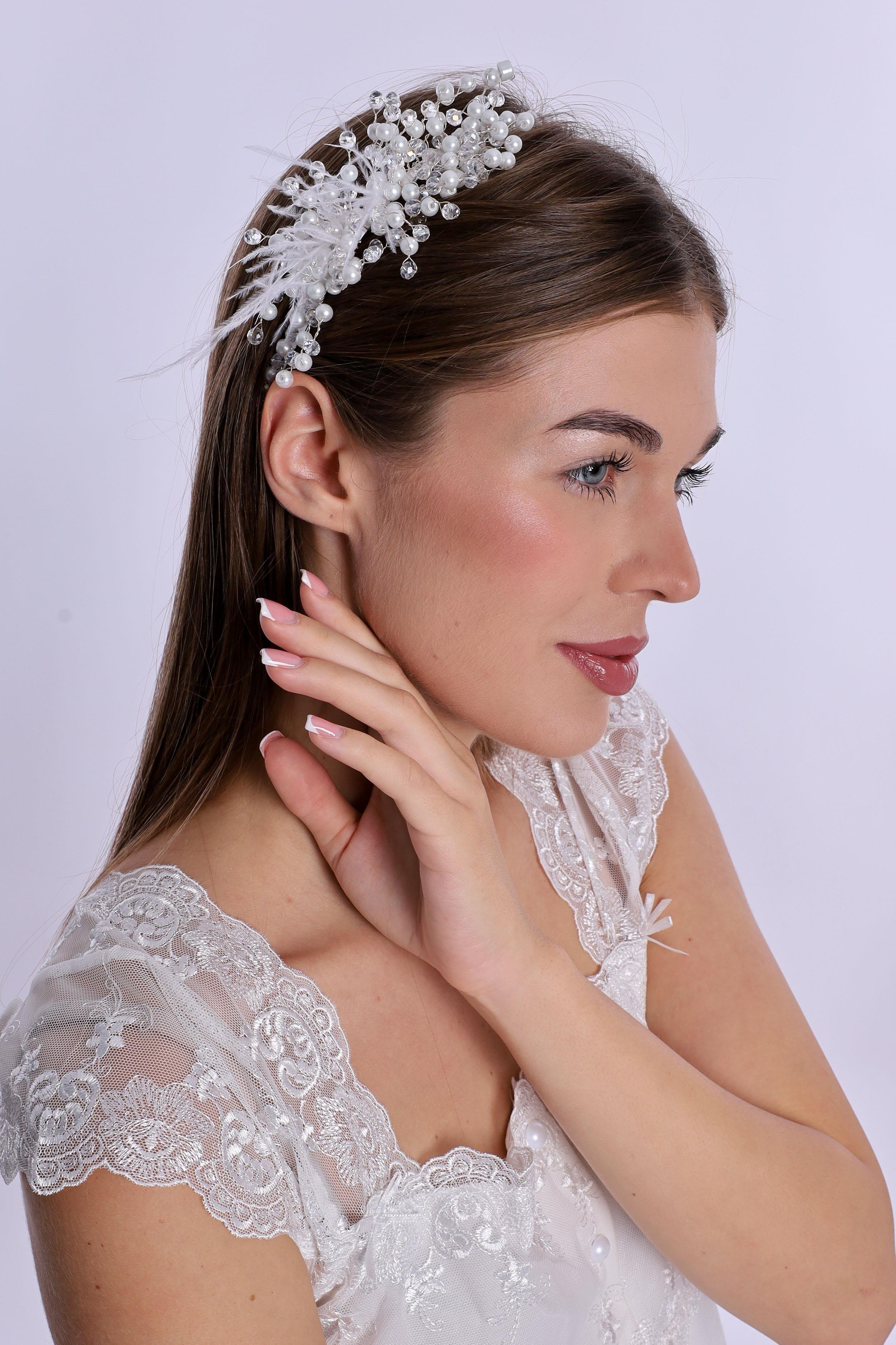 ByLohusa 1015 Beyaz İnci Taşlı Lohusa Taç