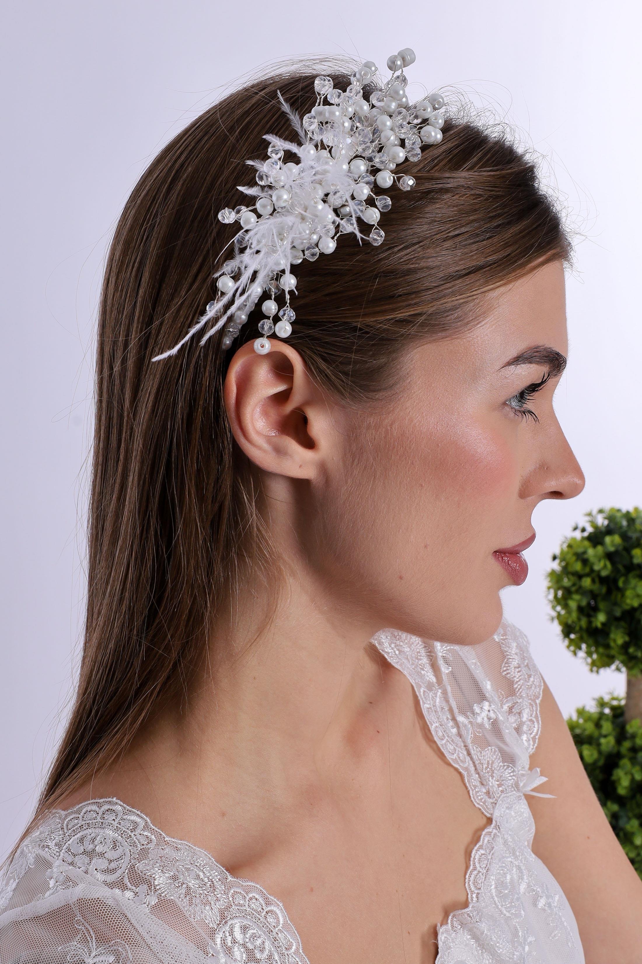 ByLohusa 1015 Beyaz İnci Taşlı Lohusa Taç