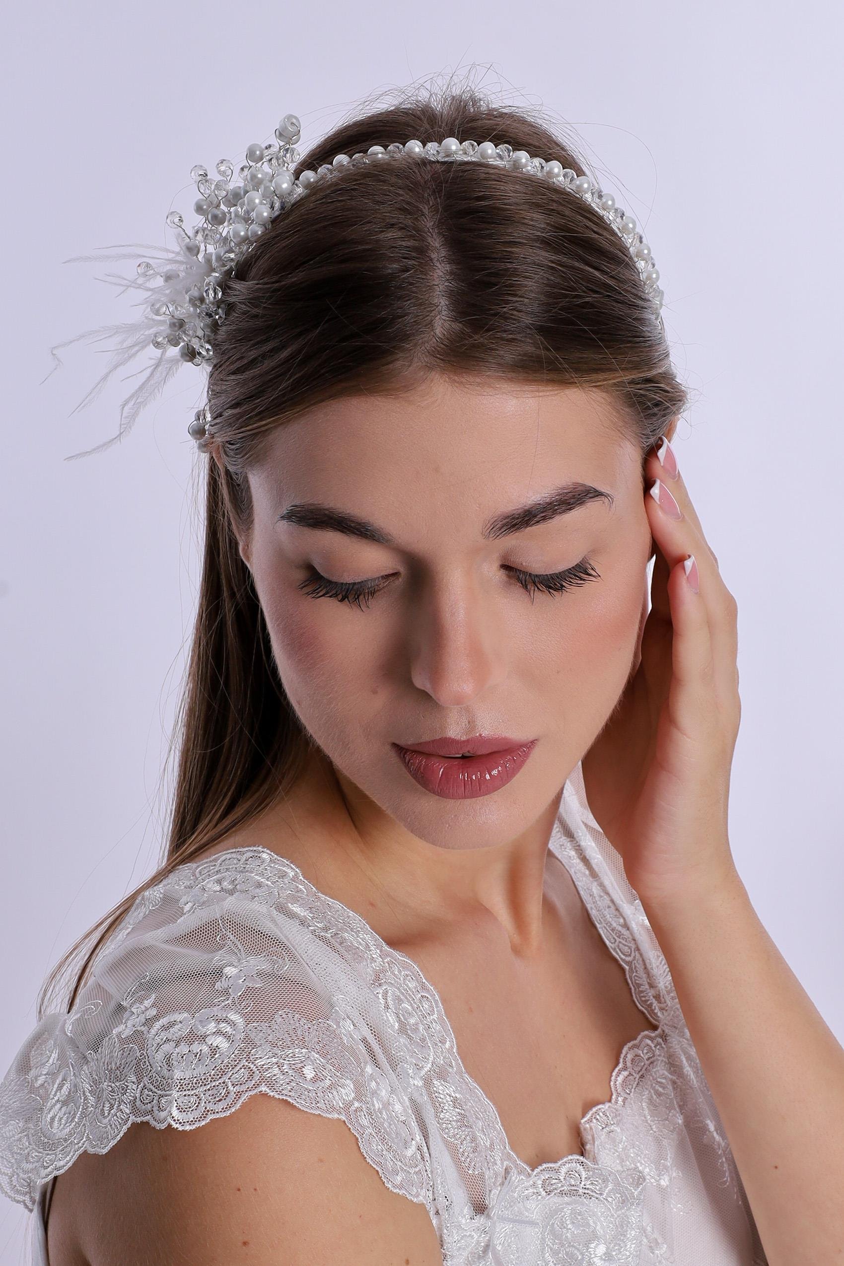 ByLohusa 1015 Beyaz İnci Taşlı Lohusa Taç