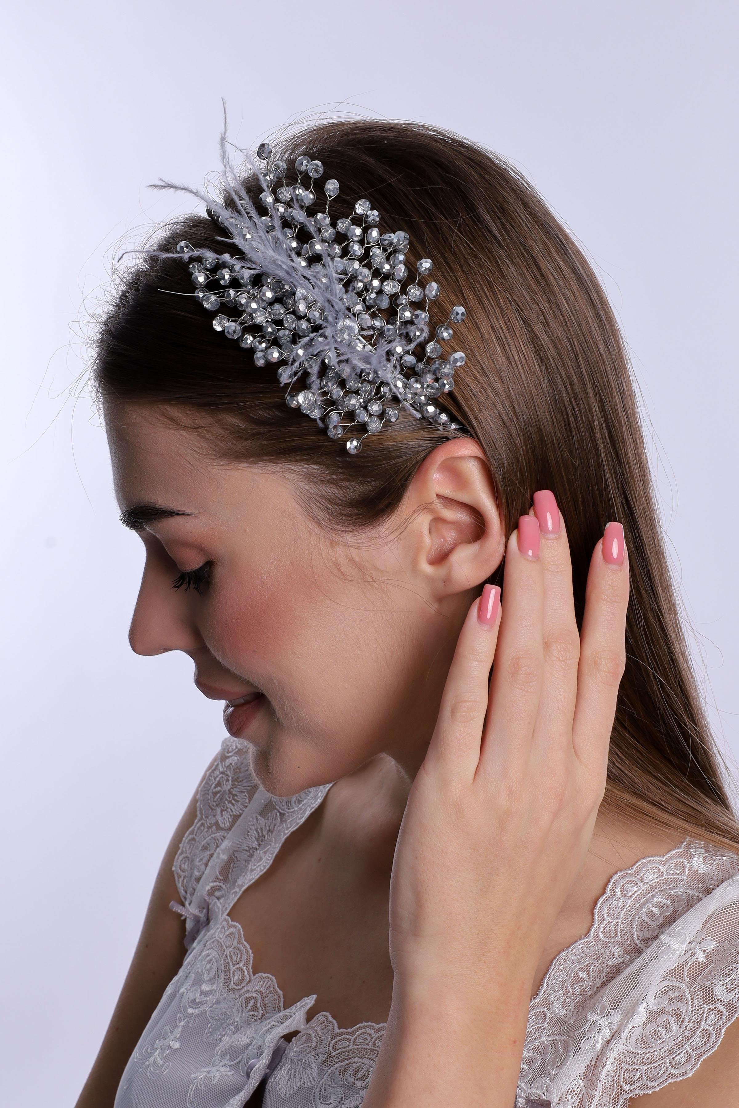 ByLohusa 1015 Gri İnci Taşlı Lohusa Taç