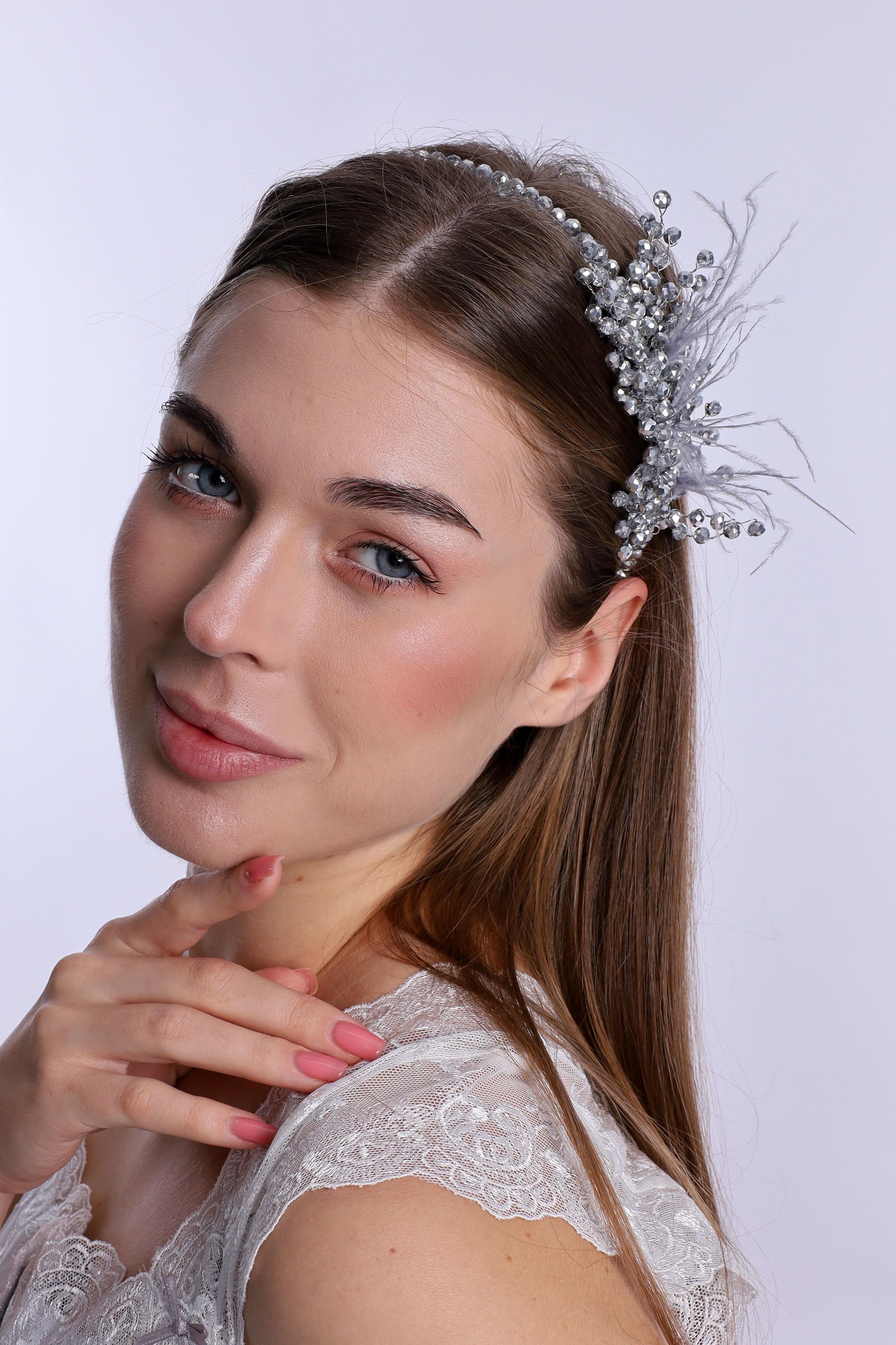 ByLohusa 1015 Gri İnci Taşlı Lohusa Taç