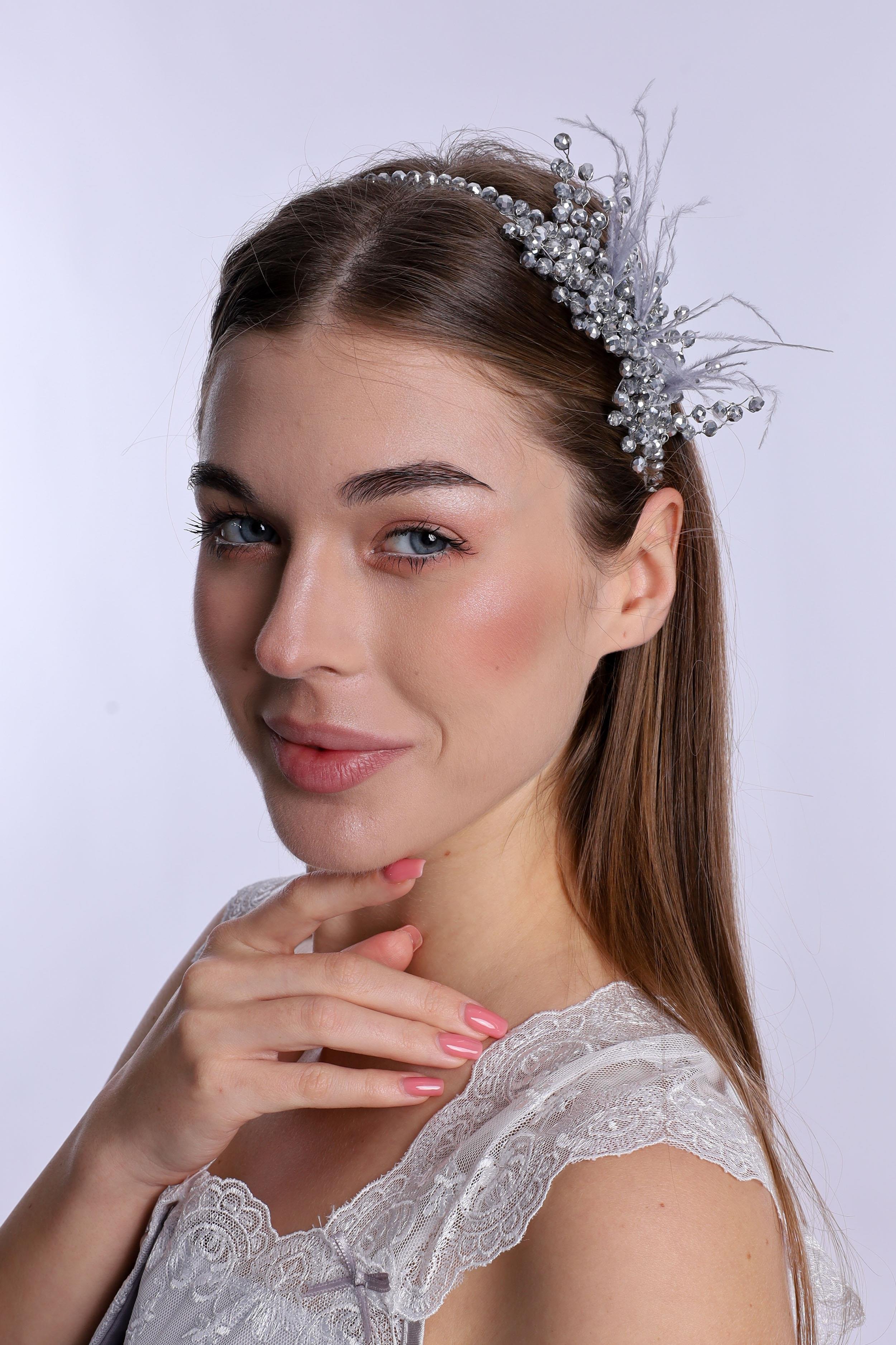 ByLohusa 1015 Gri İnci Taşlı Lohusa Taç