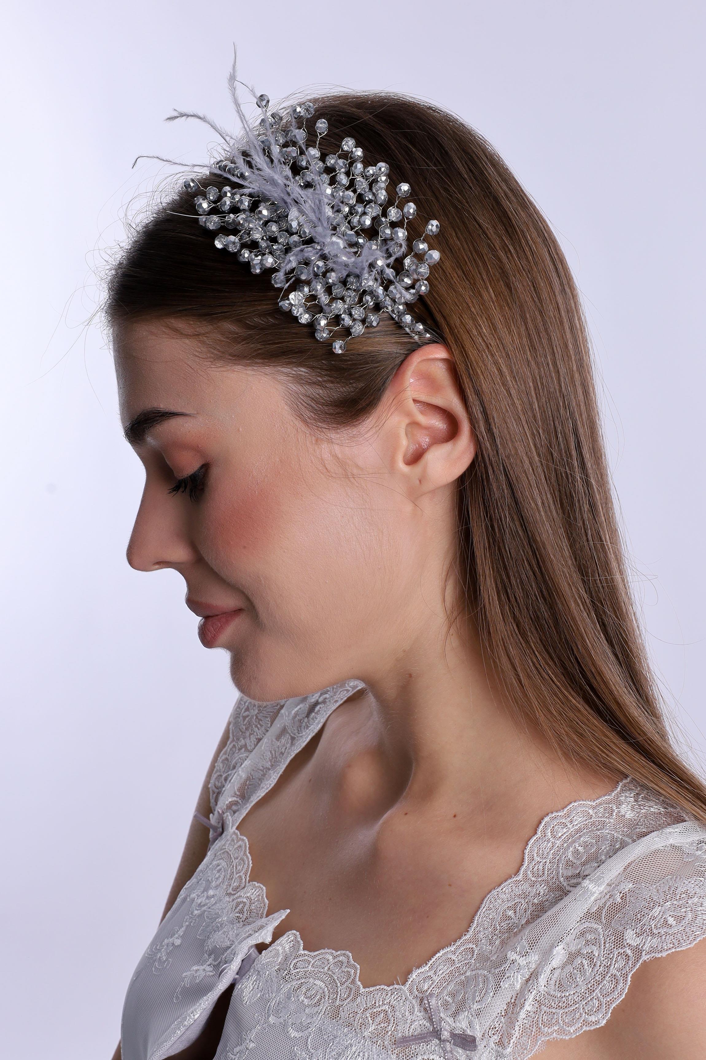 ByLohusa 1015 Gri İnci Taşlı Lohusa Taç