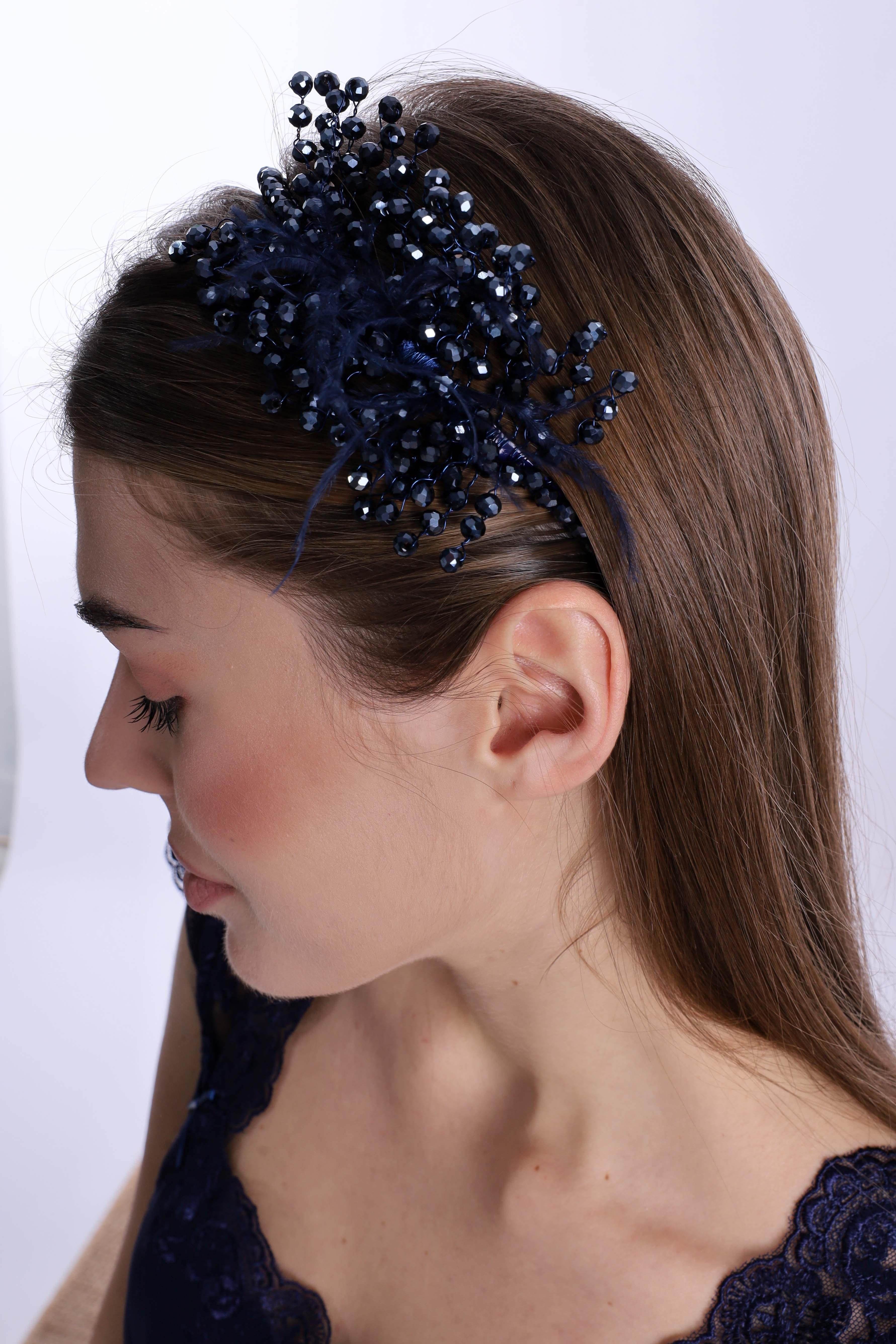 ByLohusa 1015 Lacivert İnci Taşlı Lohusa Taç