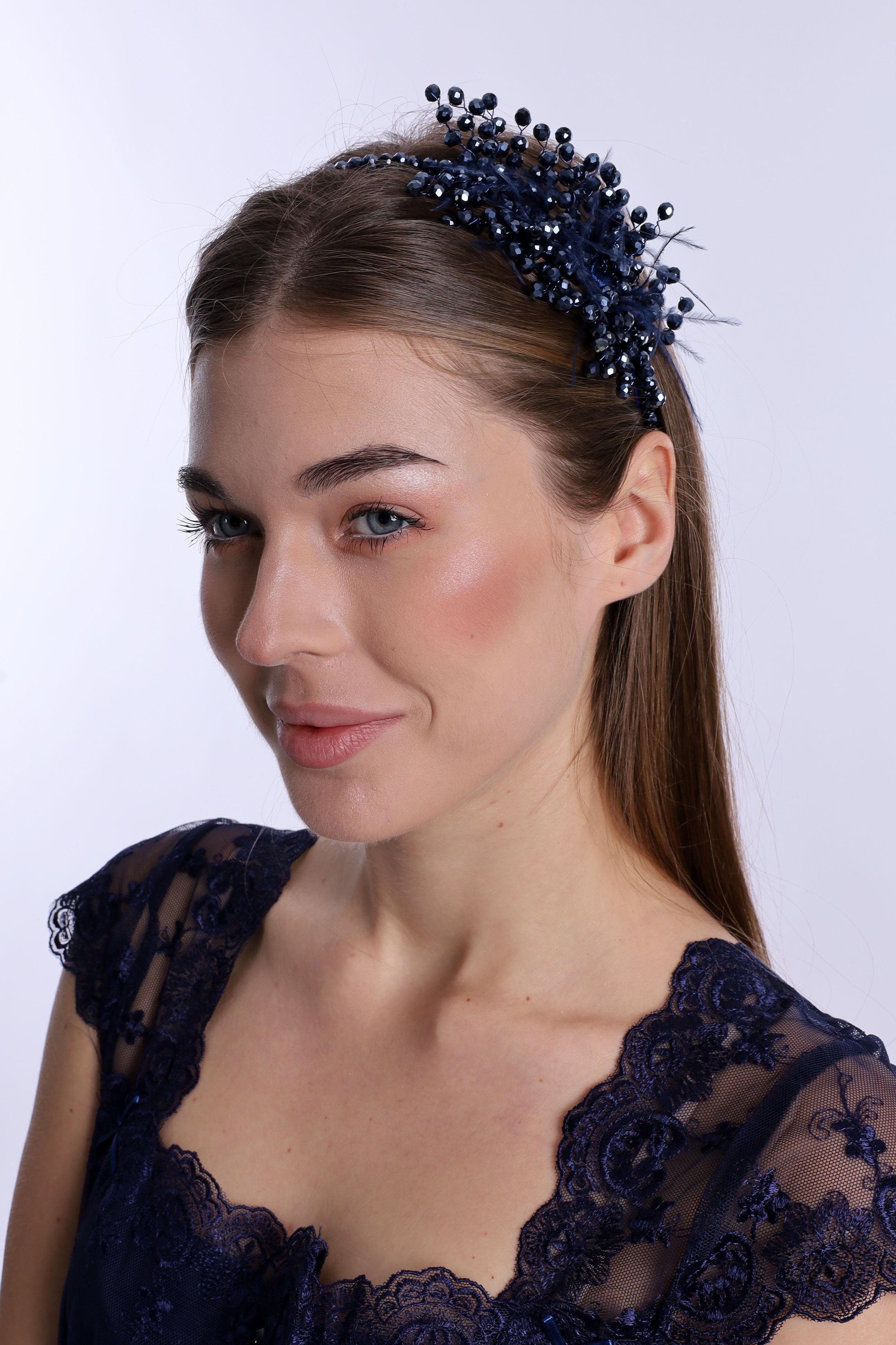 ByLohusa 1015 Lacivert İnci Taşlı Lohusa Taç